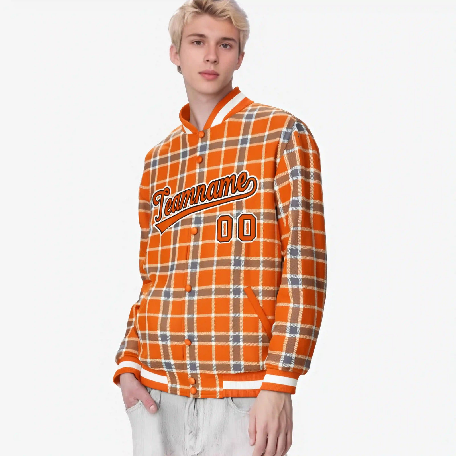 Custom Orange-Light Brown Varsity Full-Snap Plaid Pattern Letterman Baseball Jacket