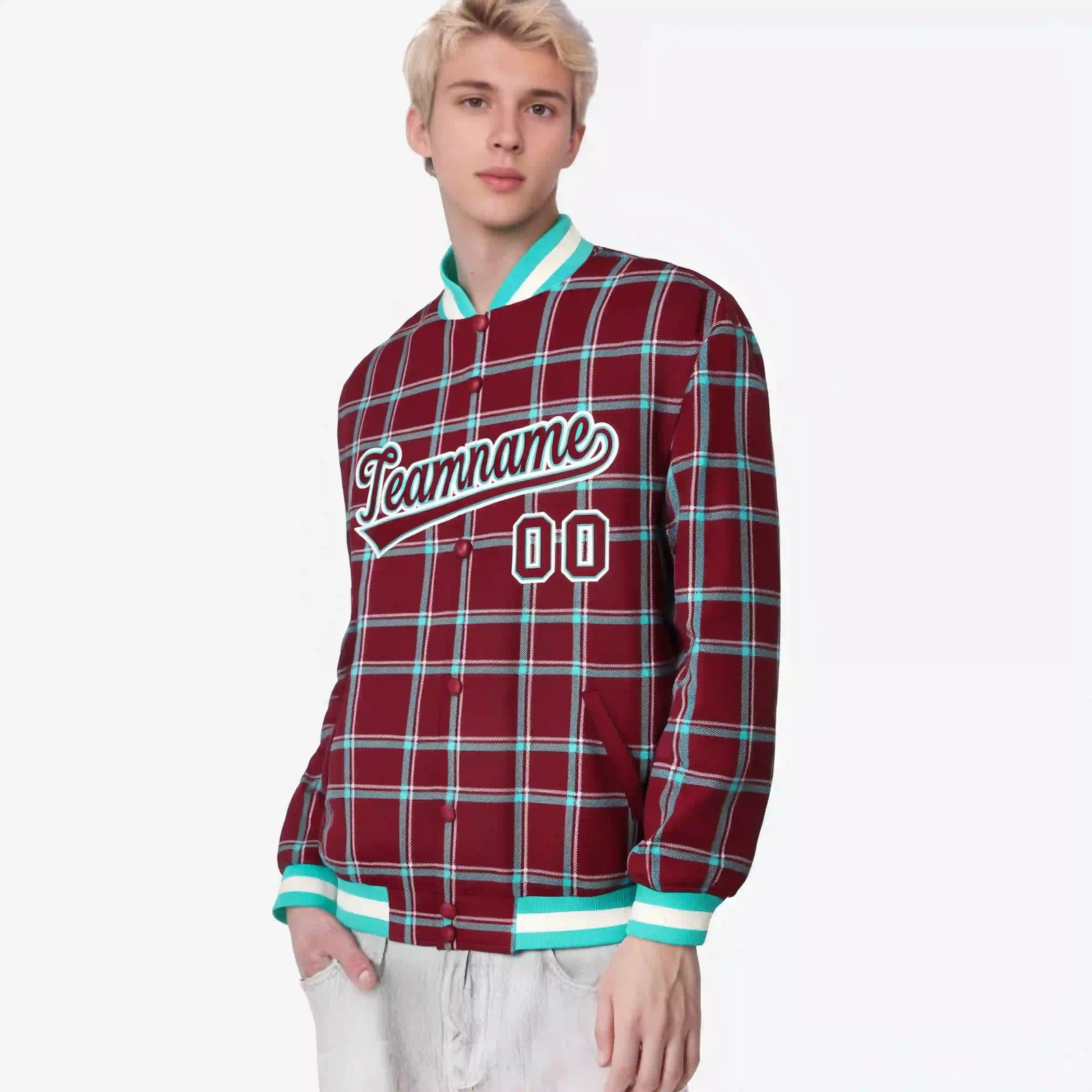 Custom Crimson-Aqua Varsity Full-Snap Plaid Pattern Letterman Baseball Jacket