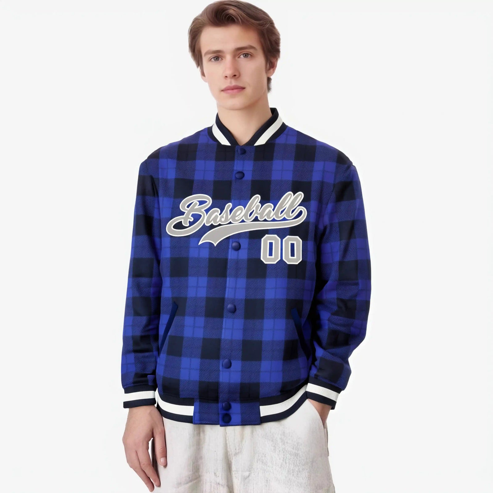 Custom Royal Blue-Black Varsity Full-Snap Plaid Pattern Letterman Baseball Jacket
