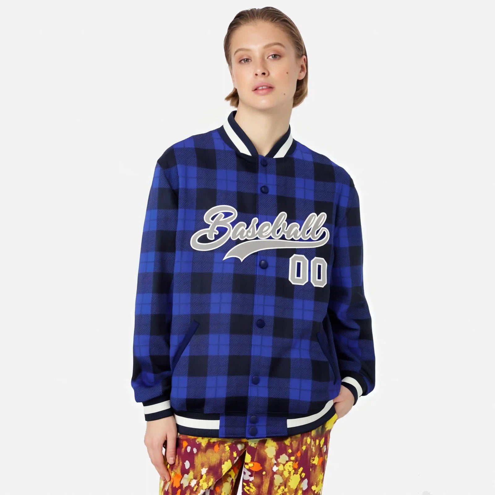 Custom Royal Blue-Black Varsity Full-Snap Plaid Pattern Letterman Baseball Jacket