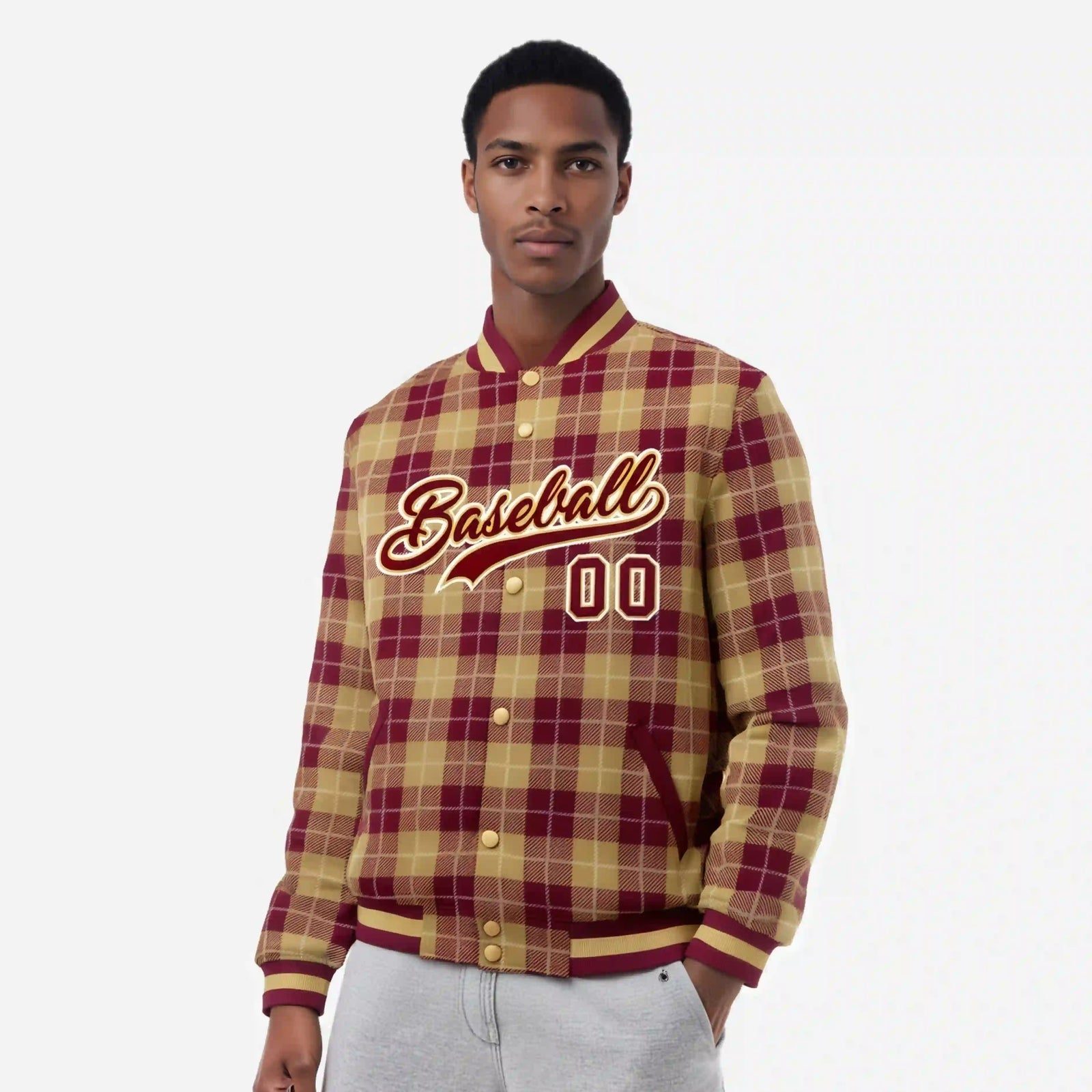 Custom Red-Gold Varsity Full-Snap Plaid Pattern Letterman Baseball Jacket