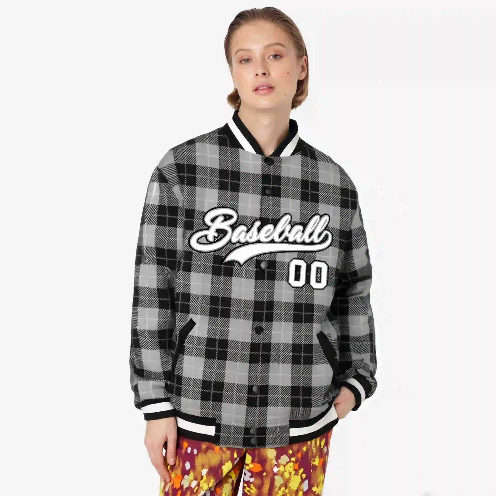 Custom Gray-Black Varsity Full-Snap Plaid Pattern Letterman Baseball Jacket