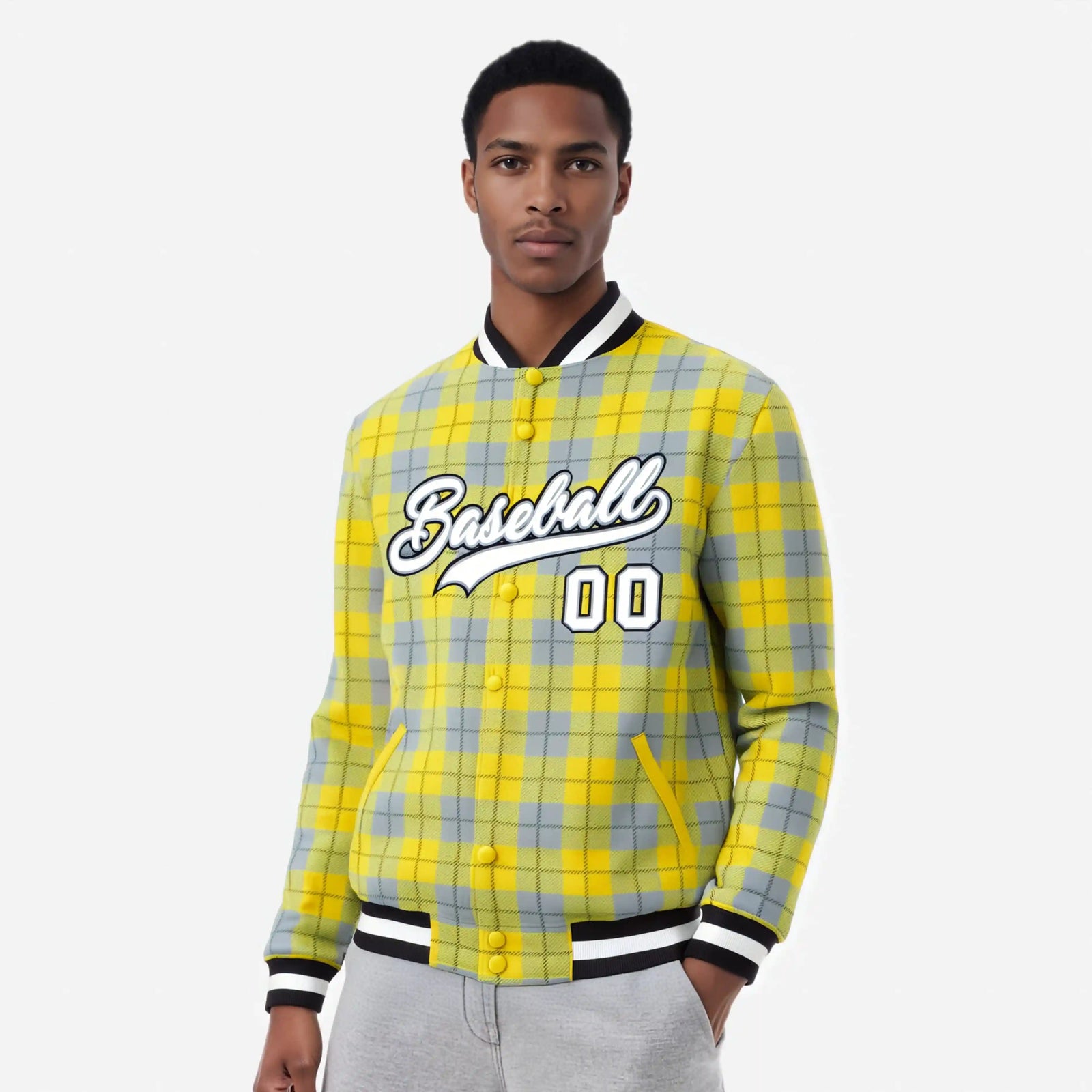 Custom Gold-Gray Varsity Full-Snap Plaid Pattern Letterman Baseball Jacket