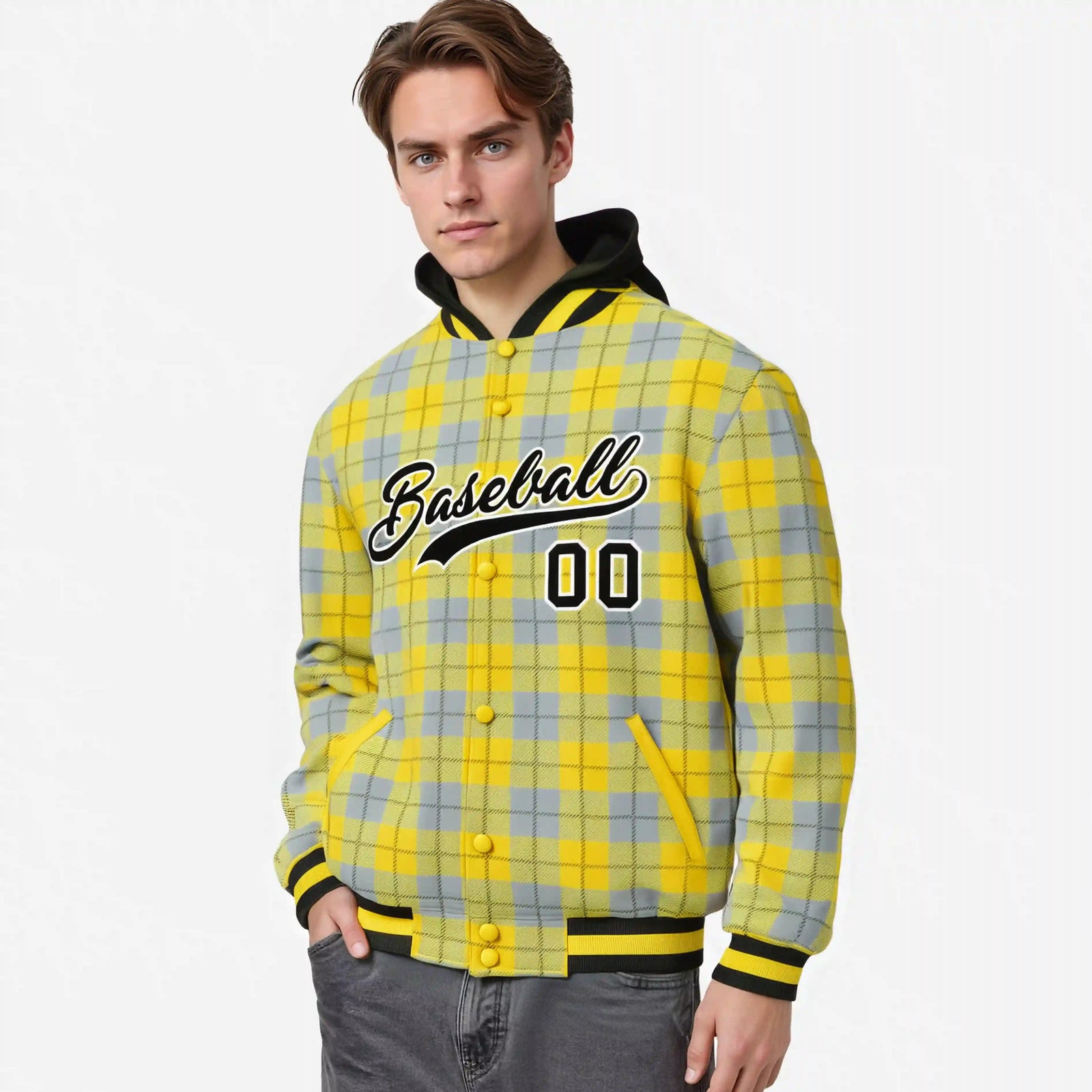 Custom Gold-Gray Varsity Full-Snap Plaid Pattern Letterman Baseball Jacket