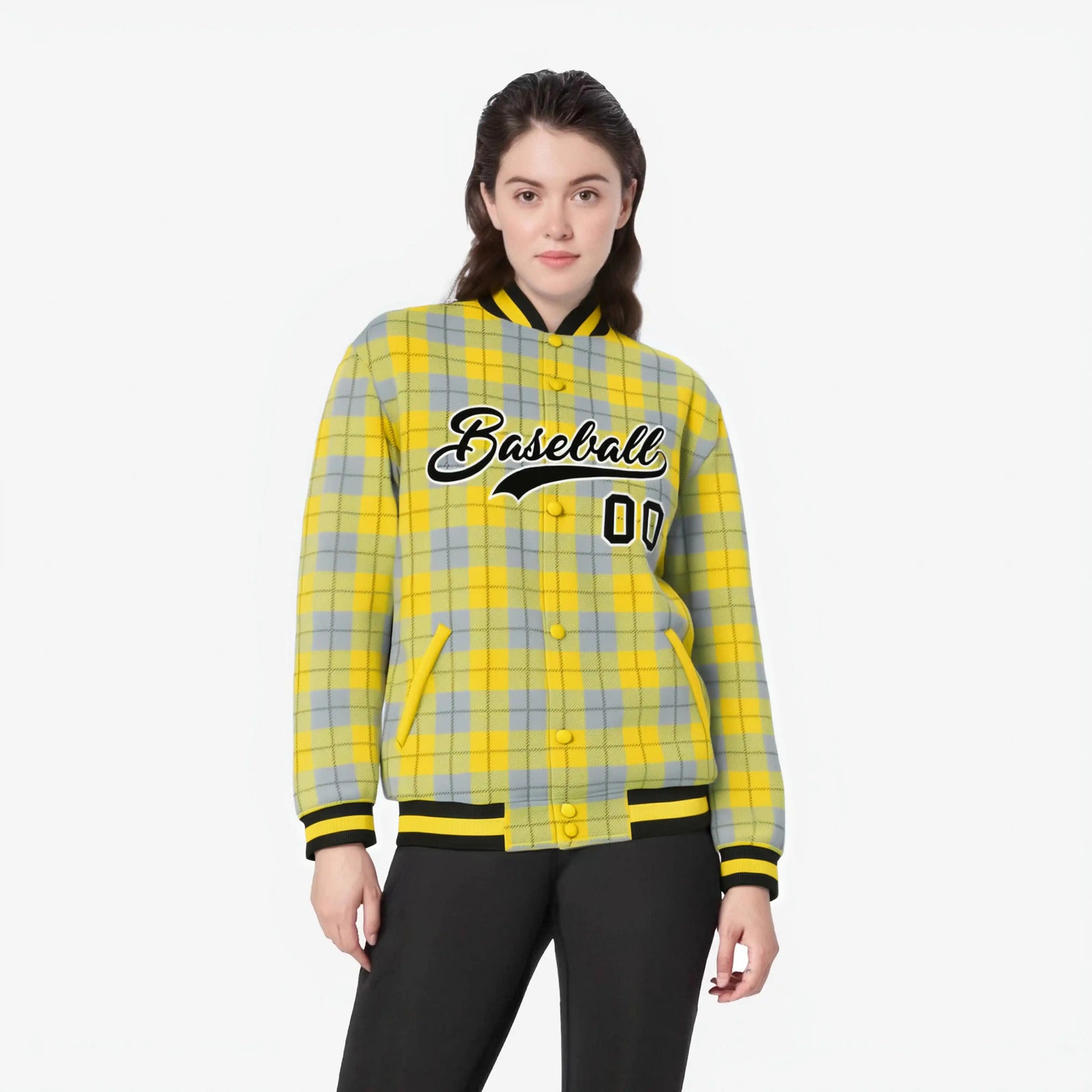 Custom Gold-Gray Varsity Full-Snap Plaid Pattern Letterman Baseball Jacket