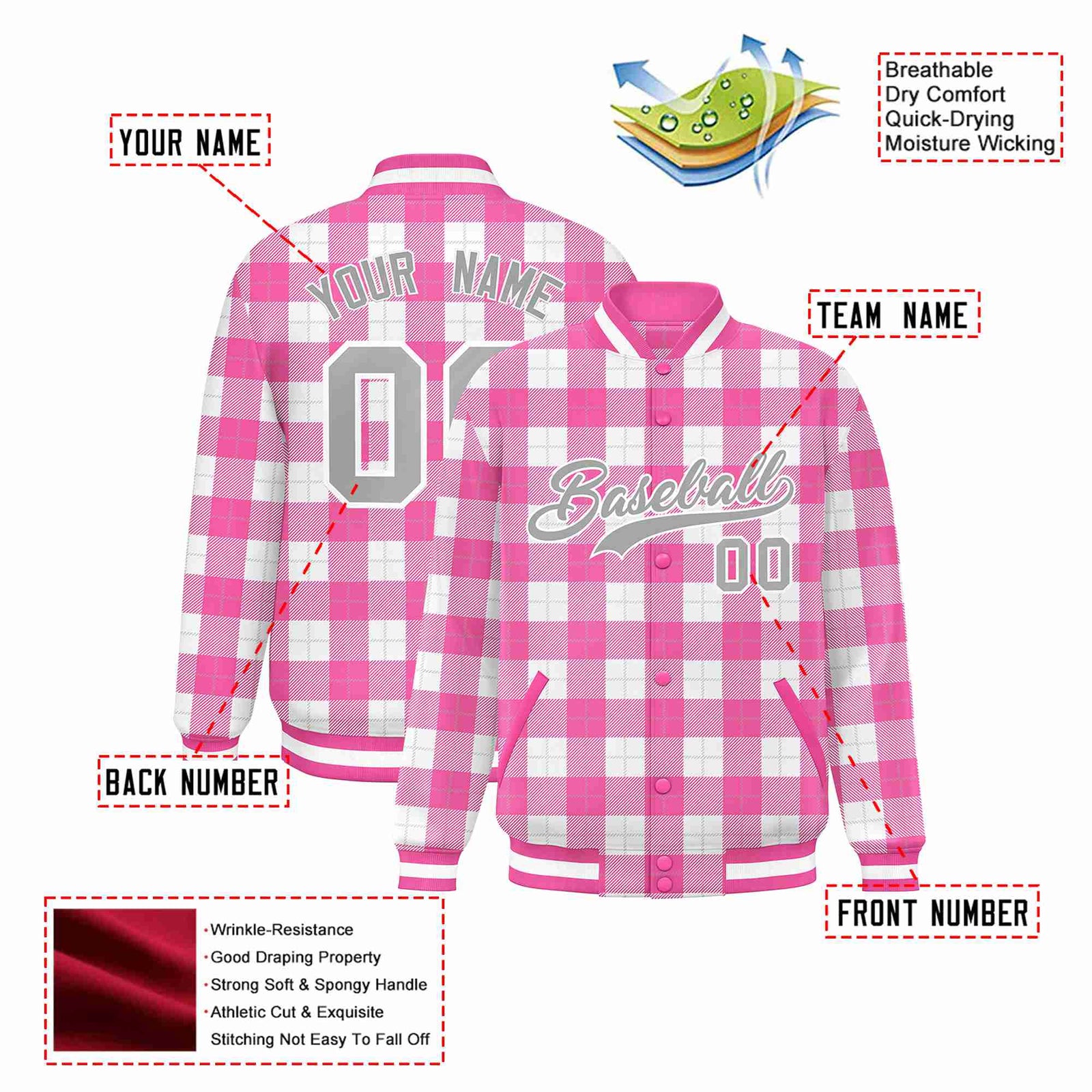 Custom Pink-White Varsity Full-Snap Plaid Pattern Letterman Baseball Jacket