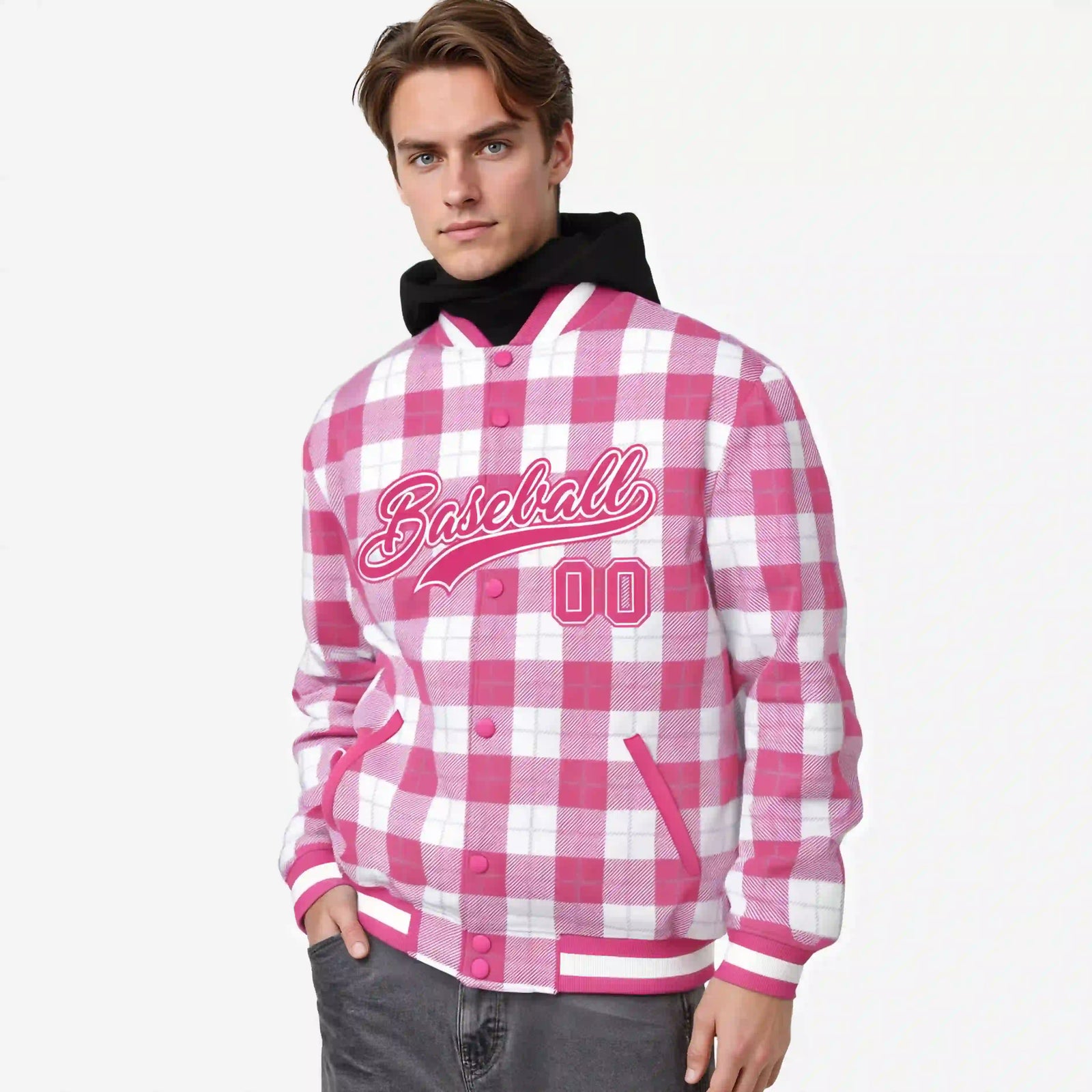 Custom Pink-White Varsity Full-Snap Plaid Pattern Letterman Baseball Jacket