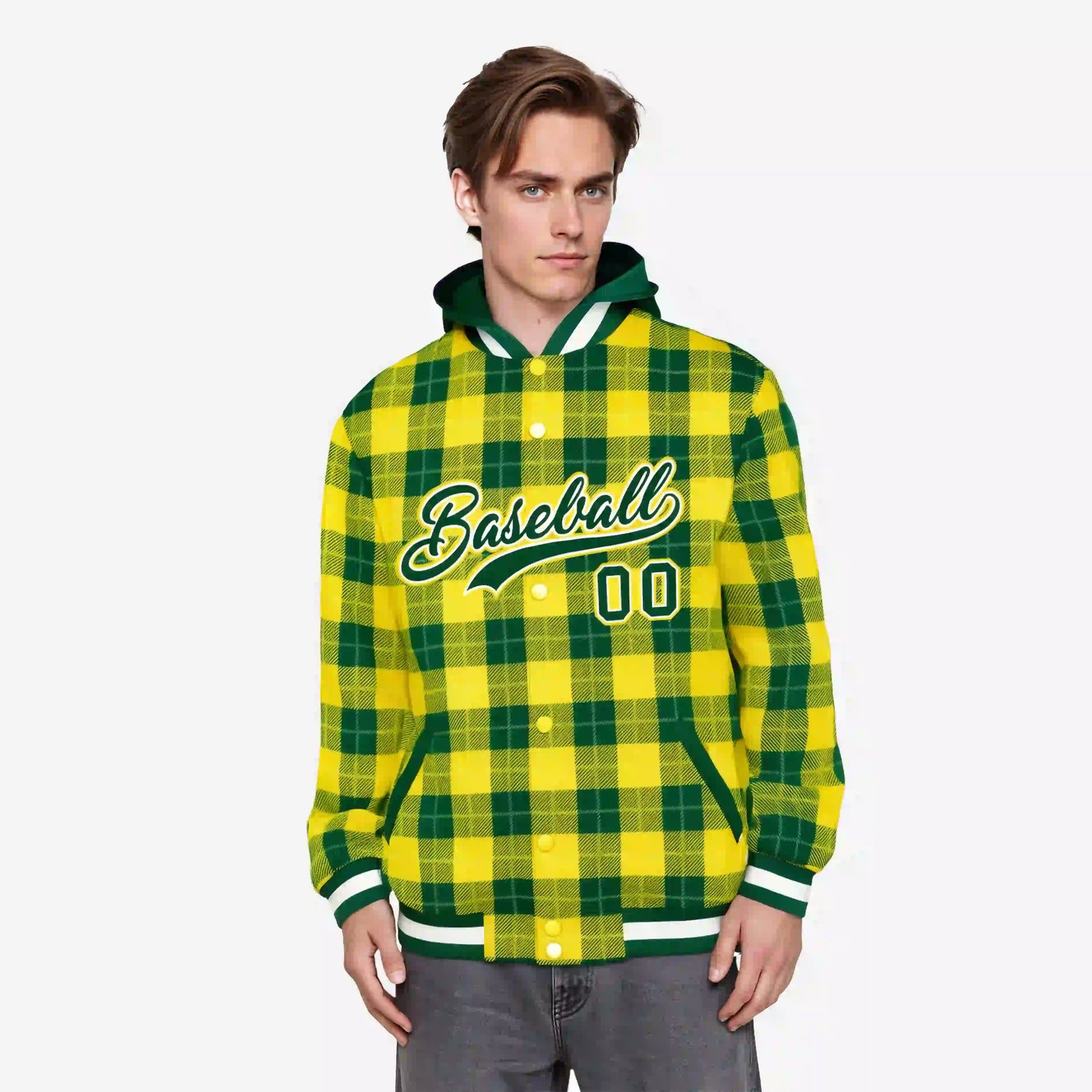 Custom Gold-Green Varsity Full-Snap Plaid Pattern Letterman Baseball Jacket