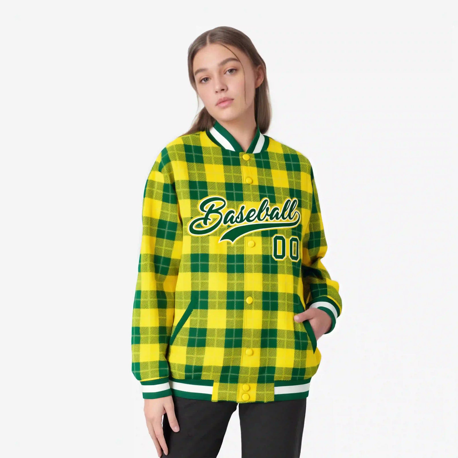 Custom Gold-Green Varsity Full-Snap Plaid Pattern Letterman Baseball Jacket