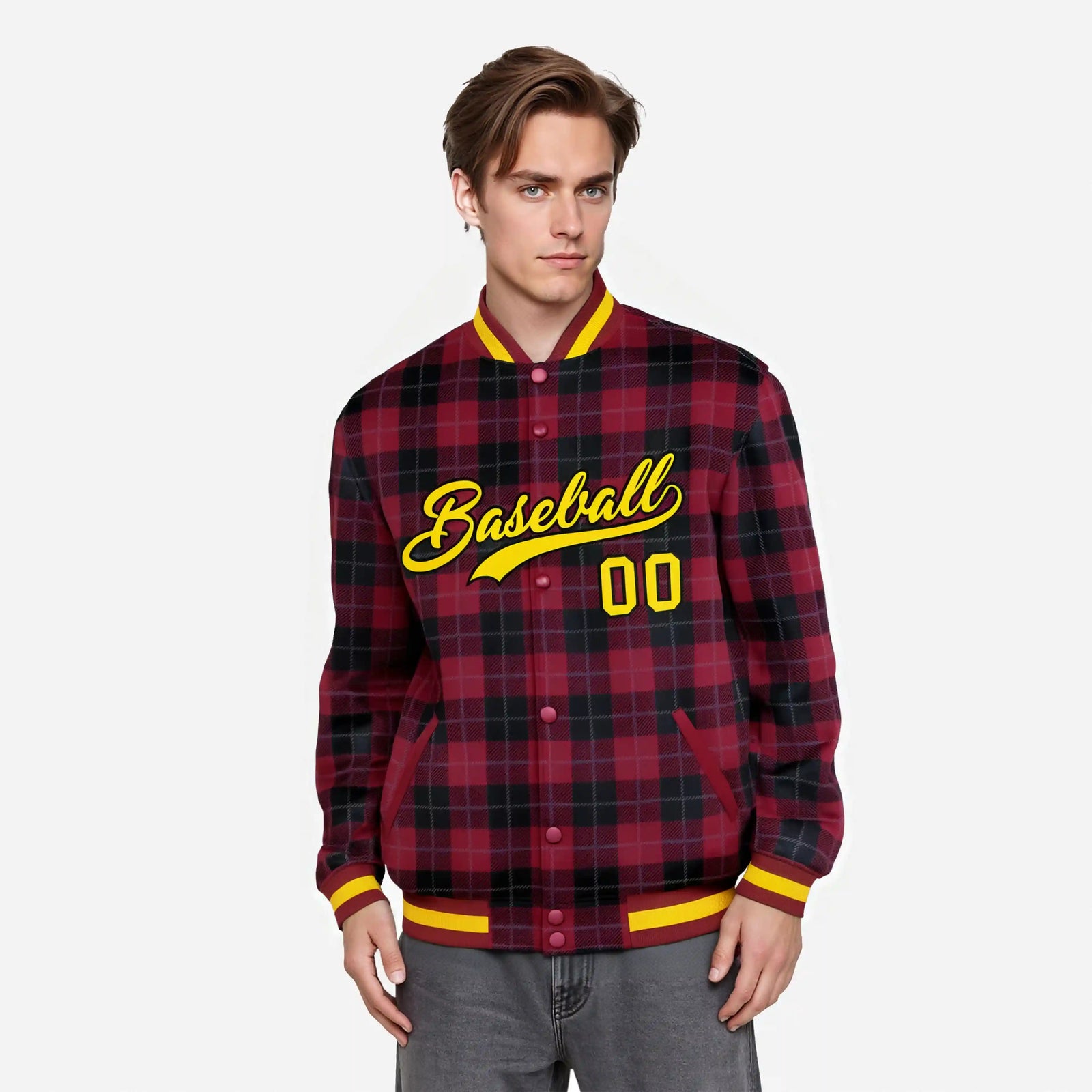Custom Crimson-Black Varsity Full-Snap Plaid Pattern Letterman Baseball Jacket