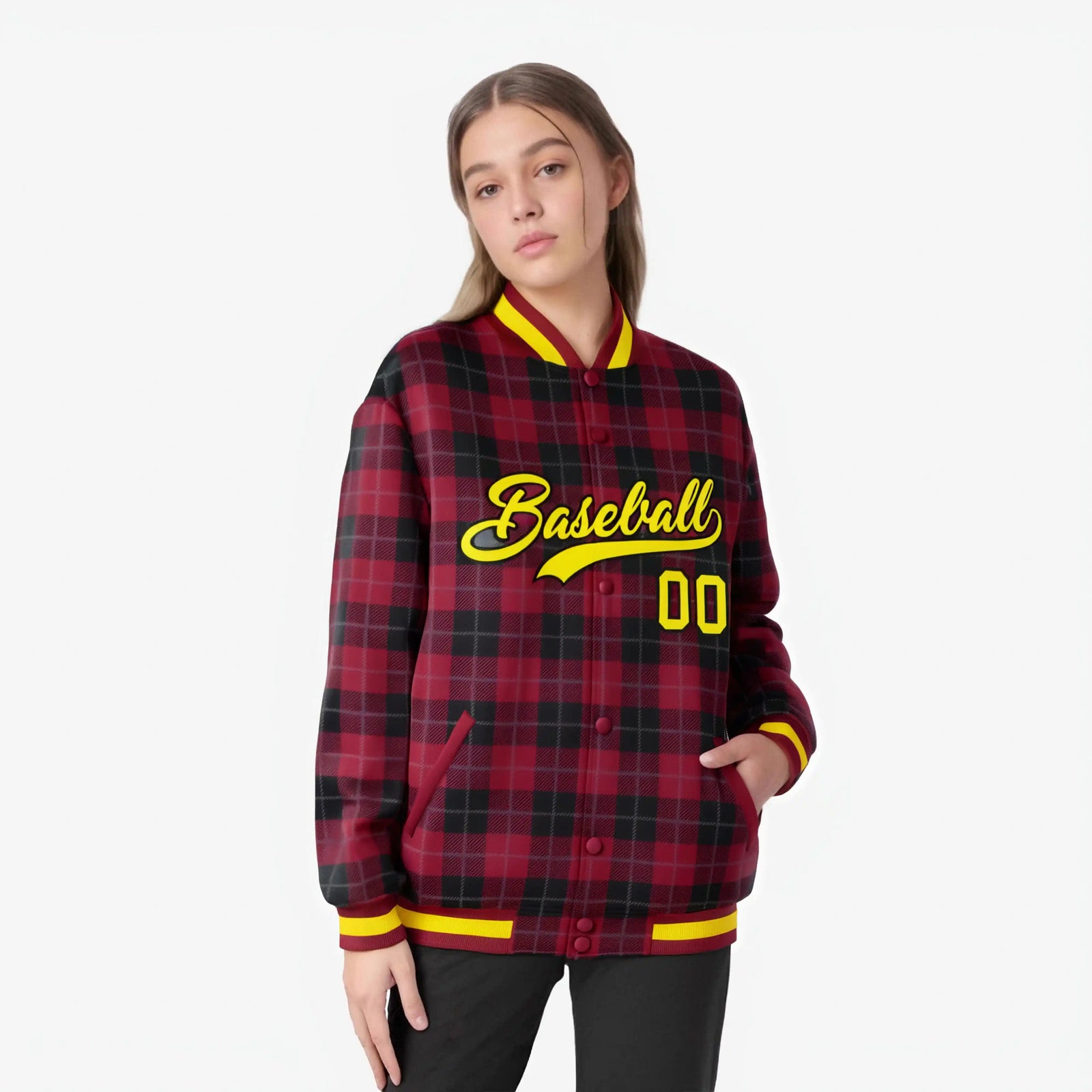 Custom Crimson-Black Varsity Full-Snap Plaid Pattern Letterman Baseball Jacket