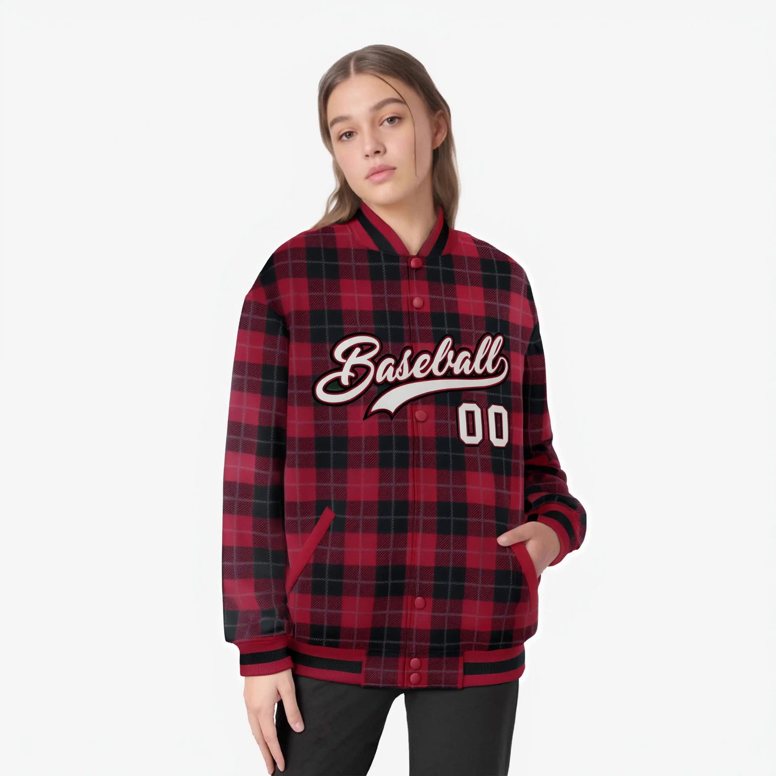 Custom Crimson-Black Varsity Full-Snap Plaid Pattern Letterman Baseball Jacket
