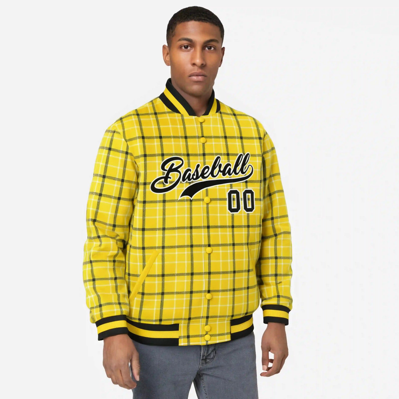 Custom Gold-Black Varsity Full-Snap Plaid Pattern Letterman Baseball Jacket