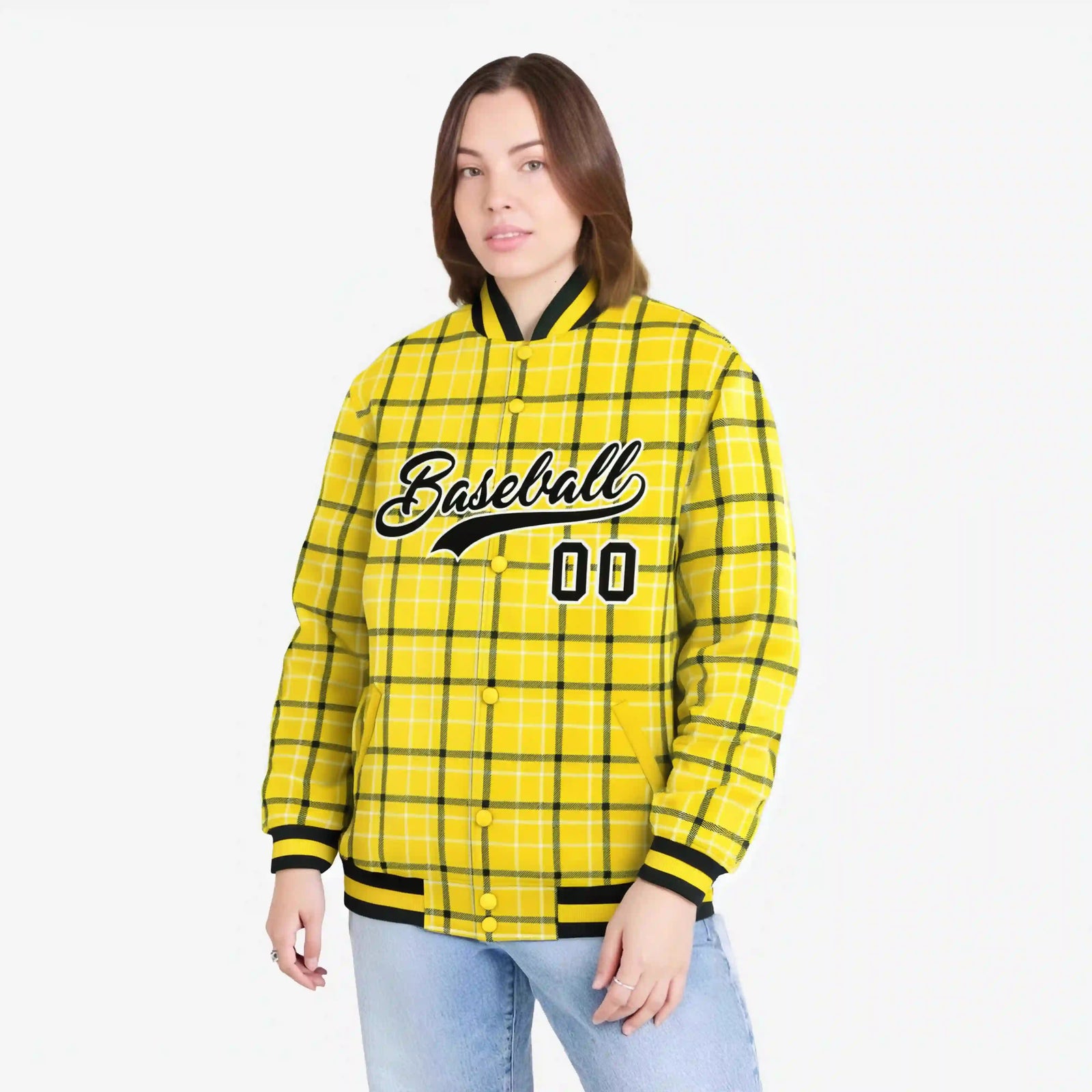 Custom Gold-Black Varsity Full-Snap Plaid Pattern Letterman Baseball Jacket