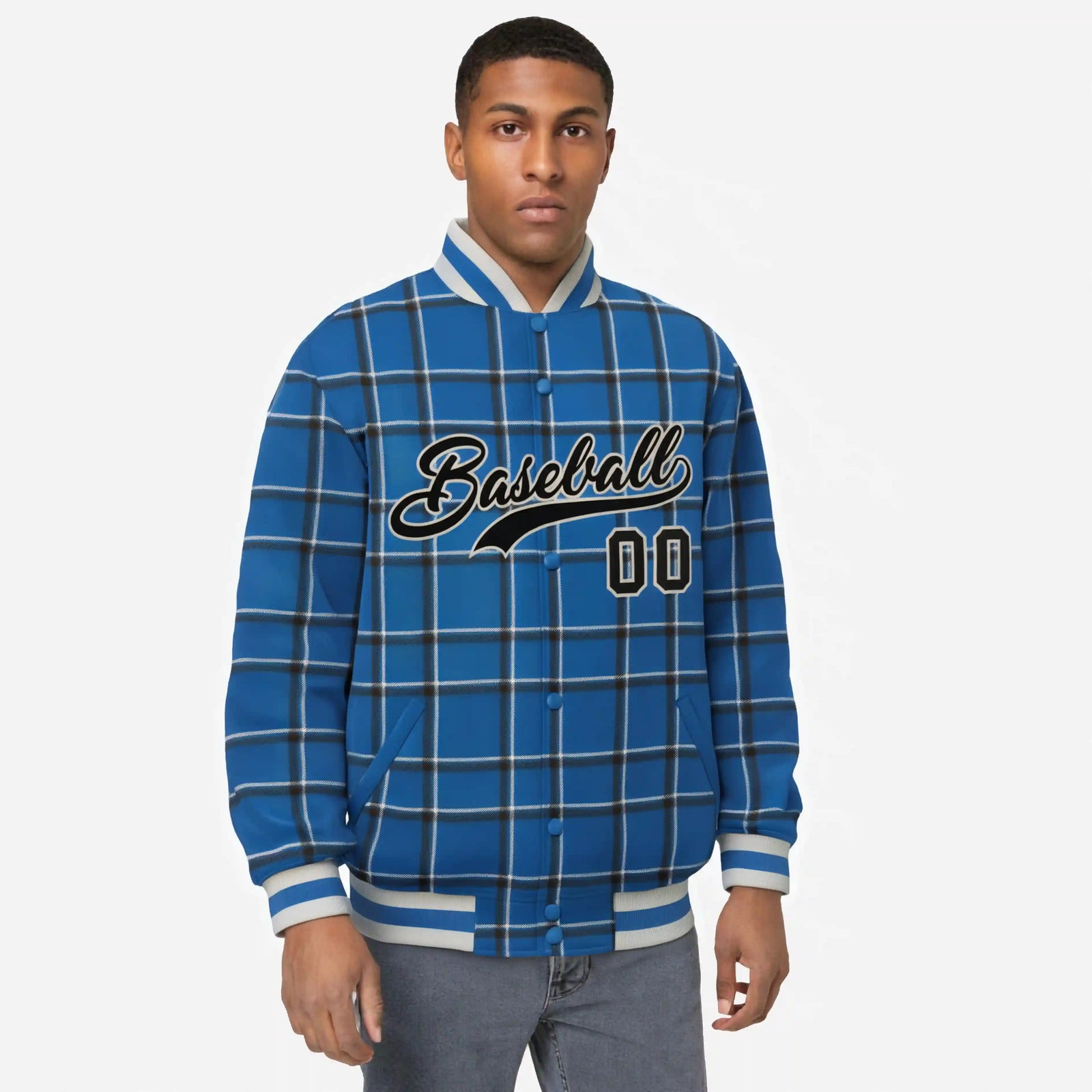 Custom Royal Blue-Black Varsity Full-Snap Plaid Pattern Letterman Baseball Jacket