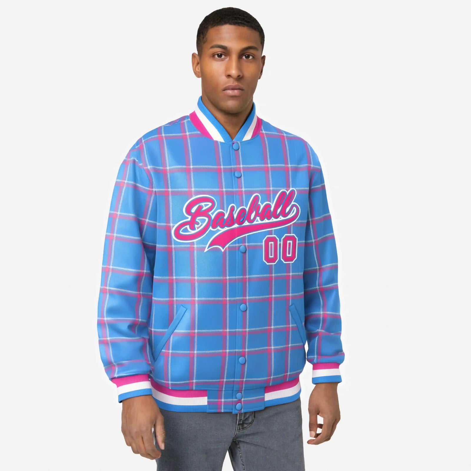 Custom Powder Blue-Pink Varsity Full-Snap Plaid Pattern Letterman Baseball Jacket