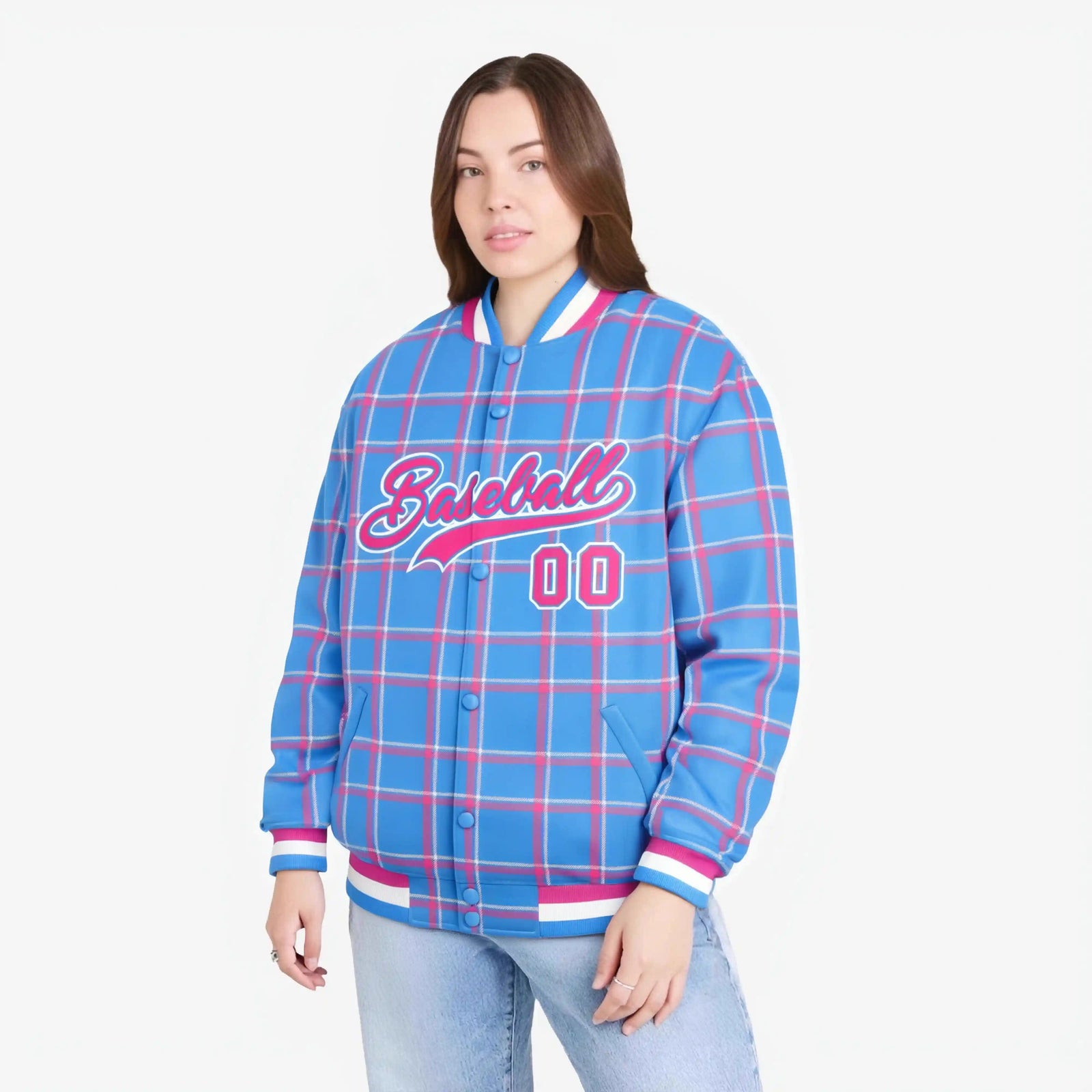 Custom Powder Blue-Pink Varsity Full-Snap Plaid Pattern Letterman Baseball Jacket