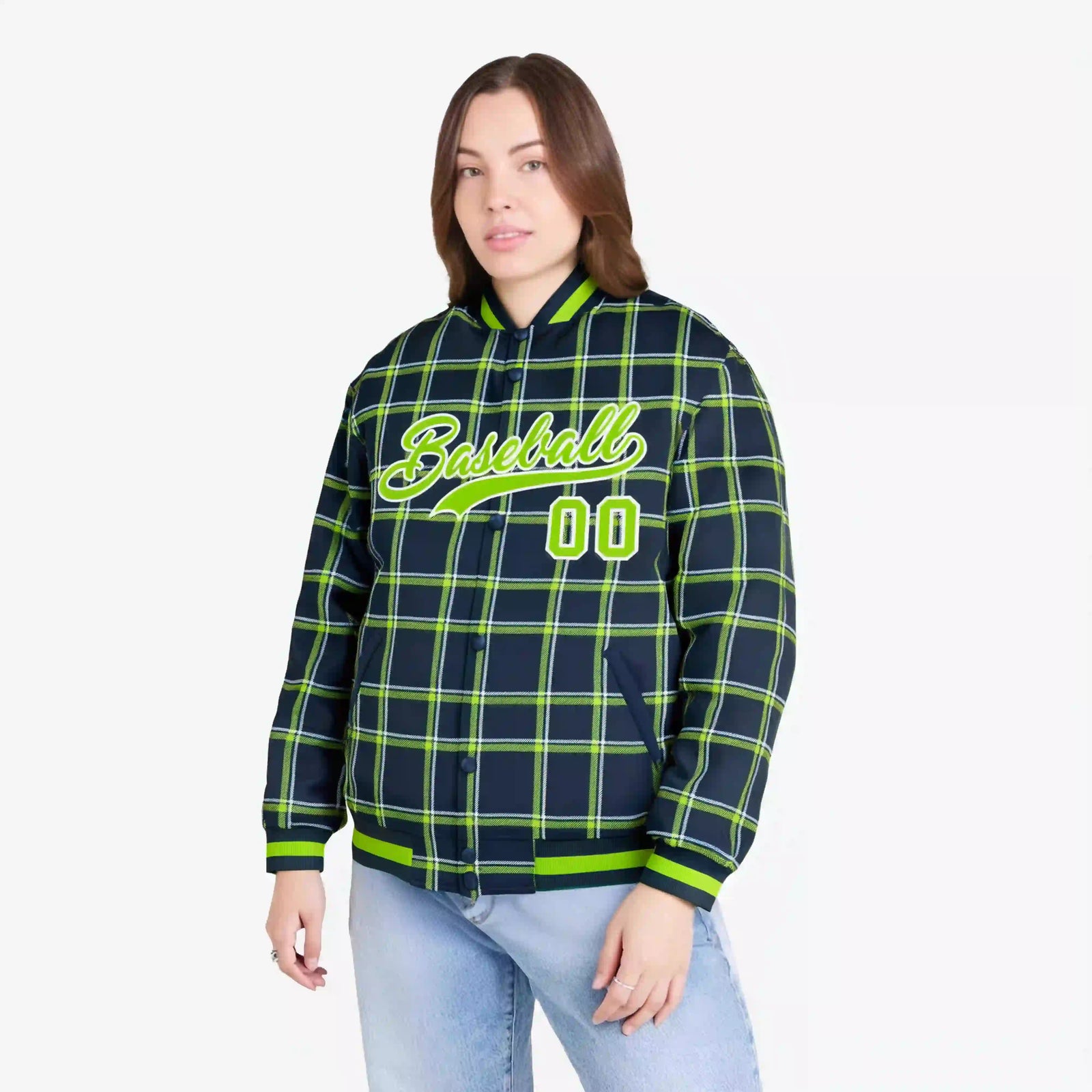 Custom Navy-Kelly Green Varsity Full-Snap Plaid Pattern Letterman Baseball Jacket
