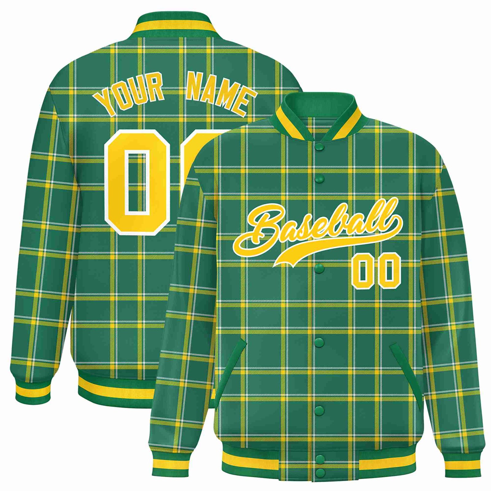 Custom Kelly Green-Gold Varsity Full-Snap Plaid Pattern Letterman Baseball Jacket