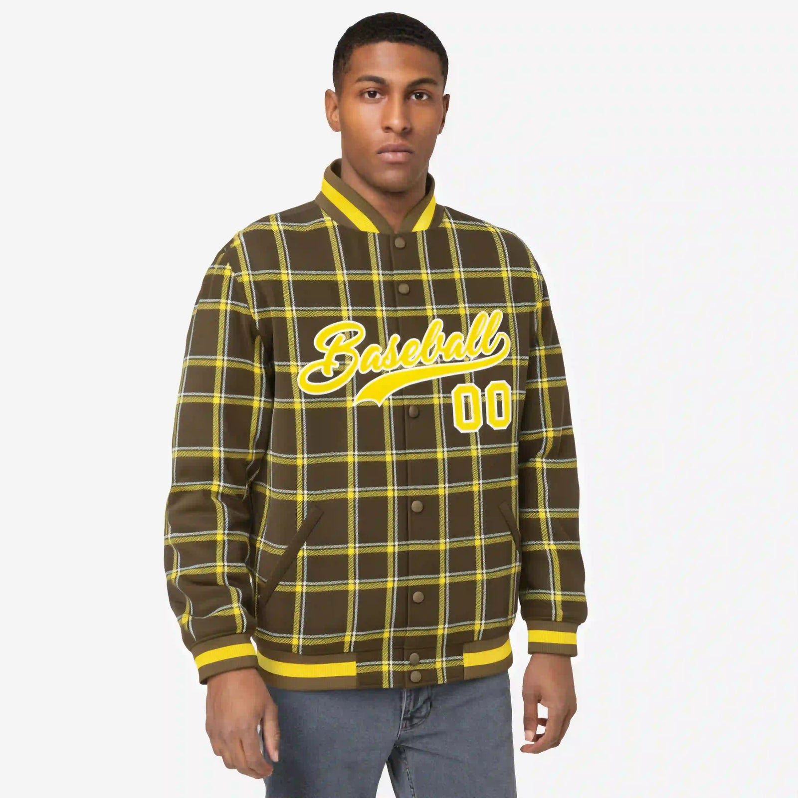Custom Light Brown-Gold Varsity Full-Snap Plaid Pattern Letterman Baseball Jacket