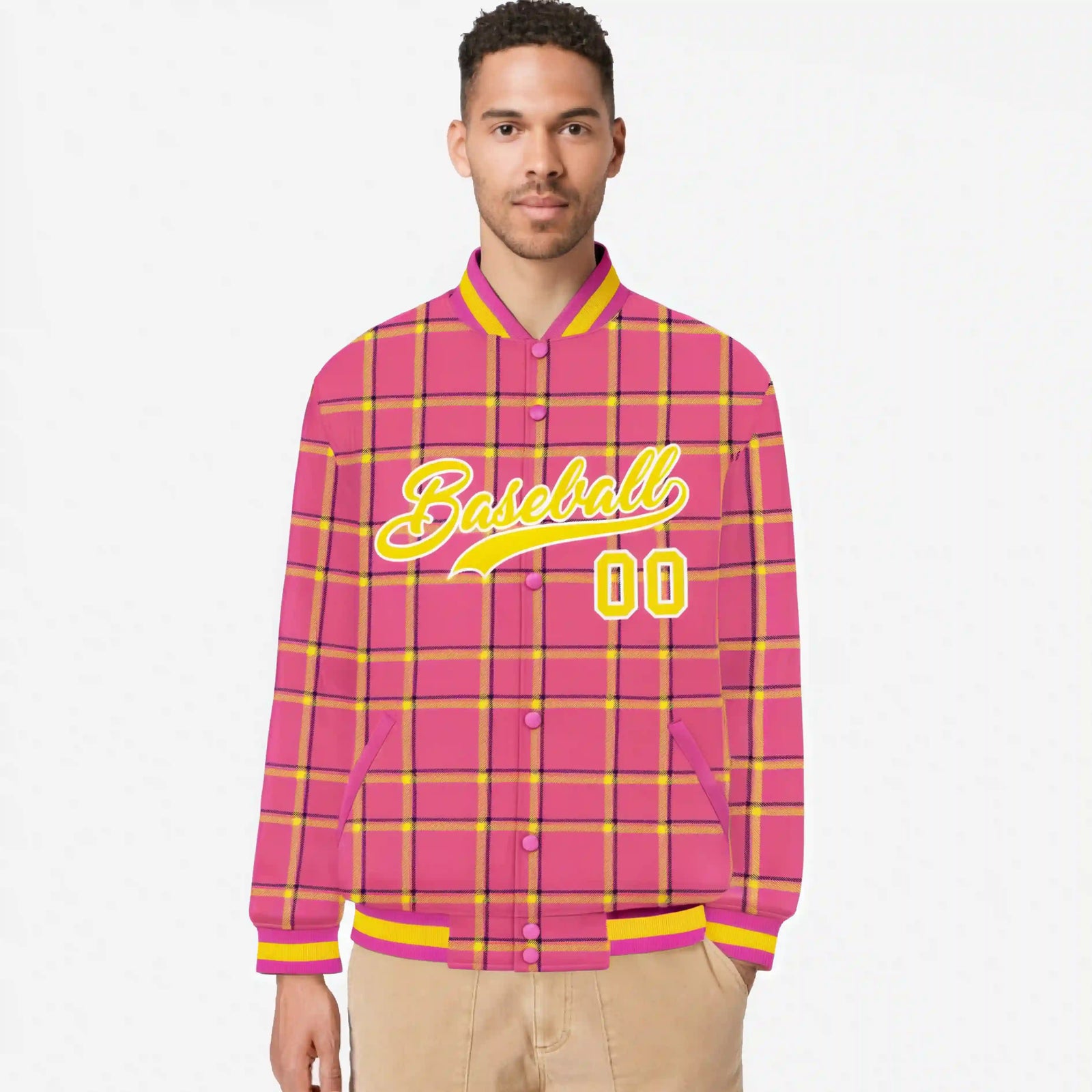 Custom Pink-Gold Varsity Full-Snap Plaid Pattern Letterman Baseball Jacket