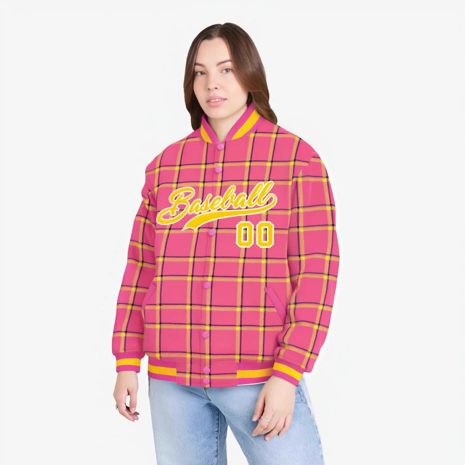 Custom Pink-Gold Varsity Full-Snap Plaid Pattern Letterman Baseball Jacket