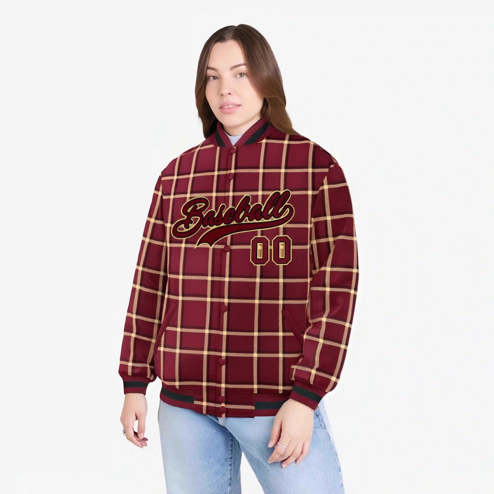 Custom Crimson-Gold Varsity Full-Snap Plaid Pattern Letterman Baseball Jacket
