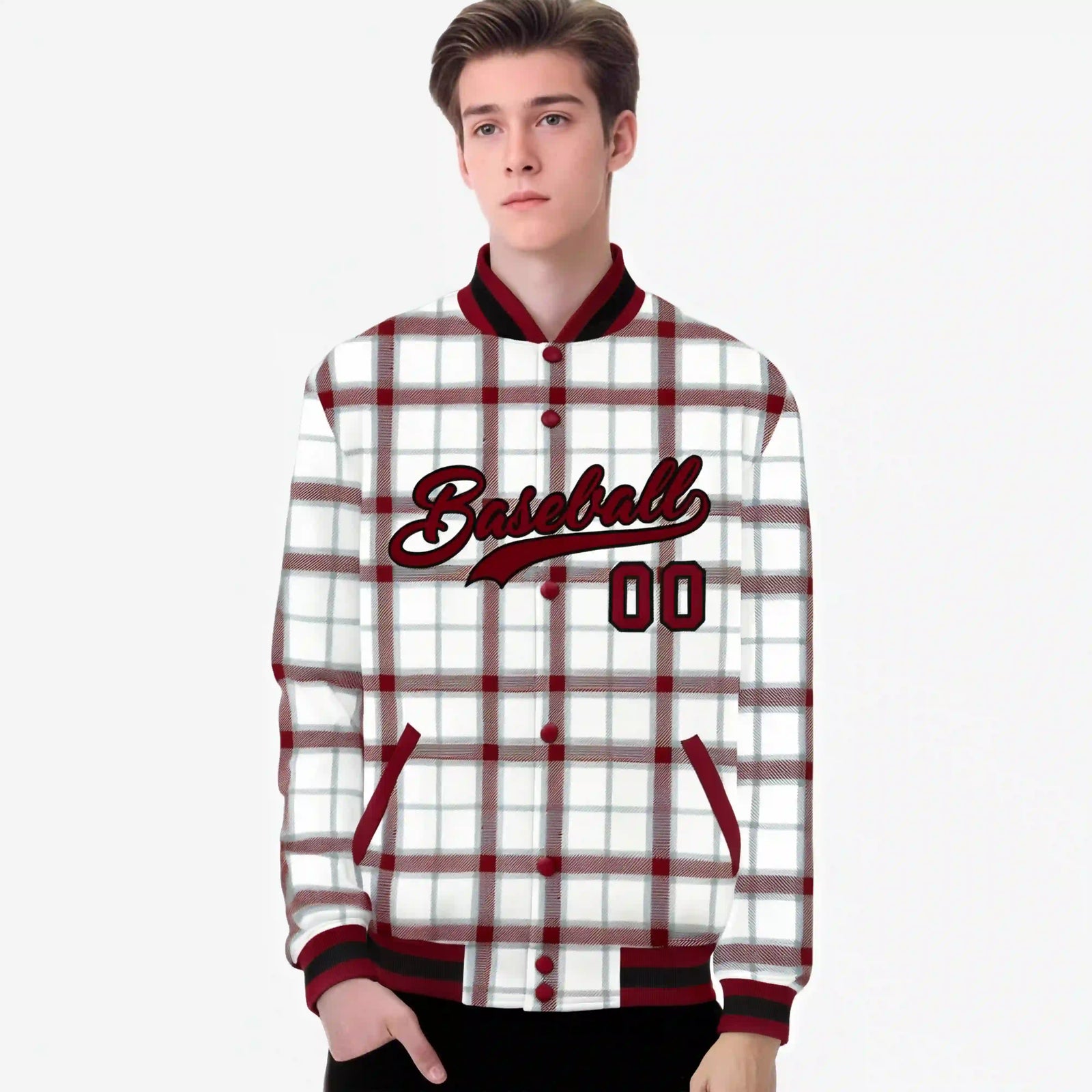 Custom White-Crimson Varsity Full-Snap Plaid Pattern Letterman Baseball Jacket