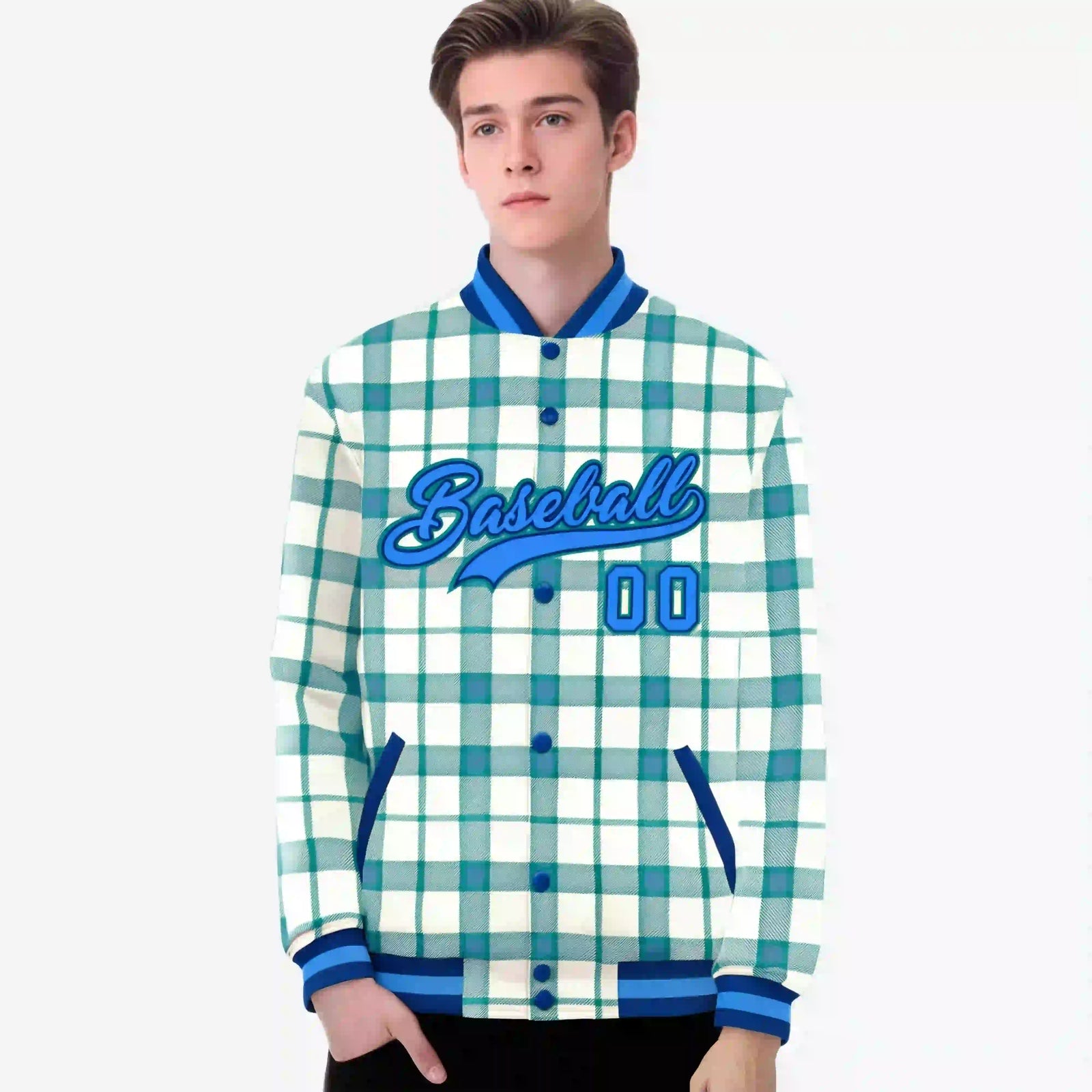 Custom Cream-Light Blue Varsity Full-Snap Plaid Pattern Letterman Baseball Jacket