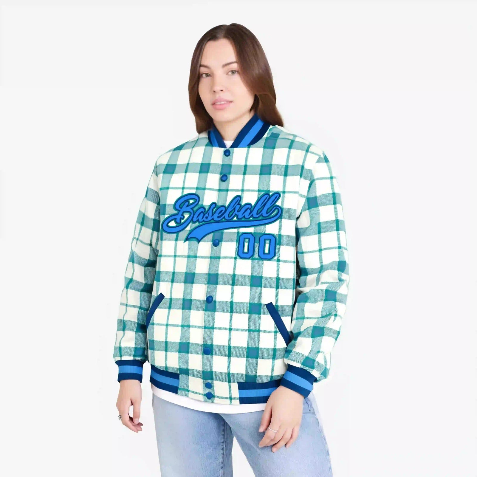 Custom Cream-Light Blue Varsity Full-Snap Plaid Pattern Letterman Baseball Jacket