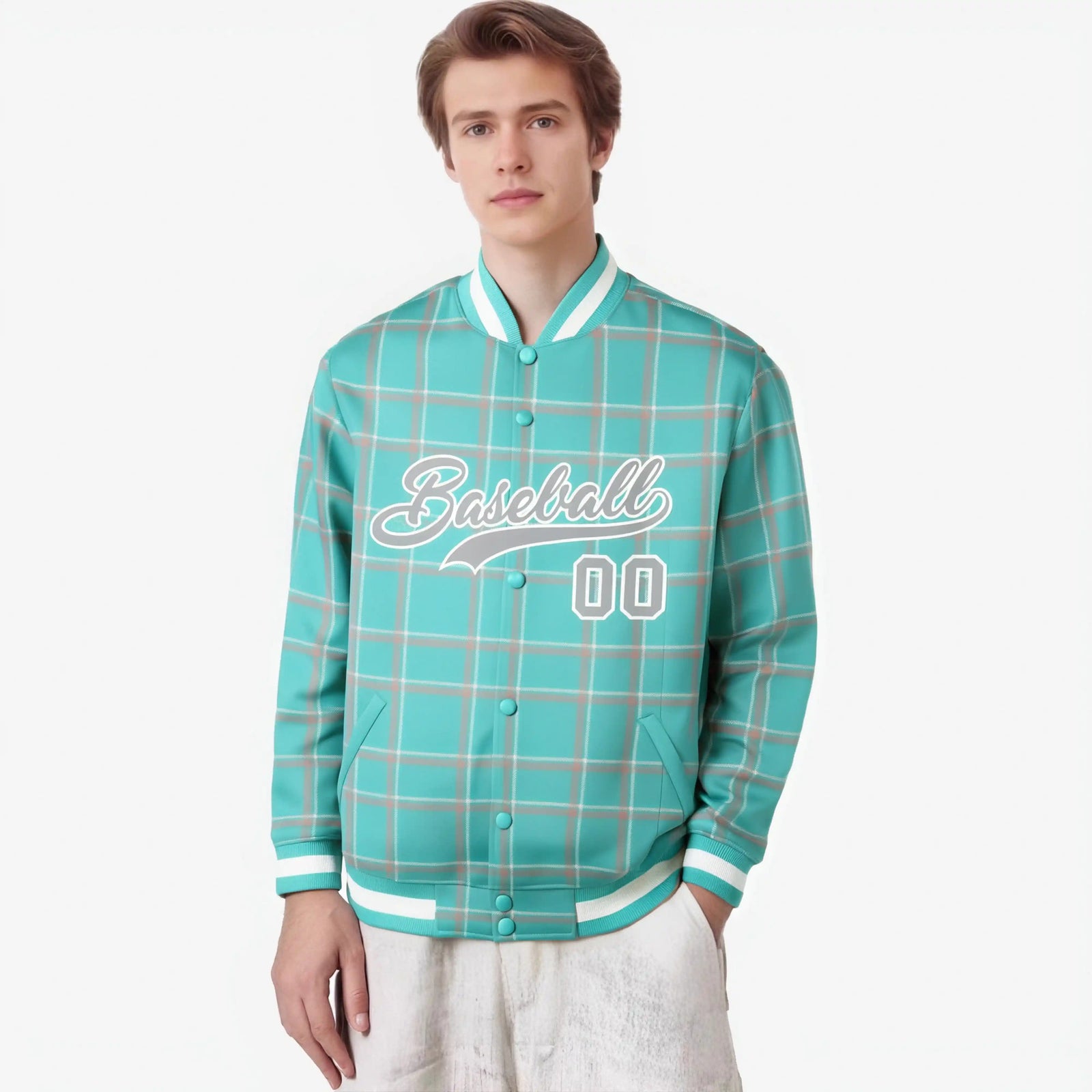 Custom Aqua-Gray Varsity Full-Snap Plaid Pattern Letterman Baseball Jacket
