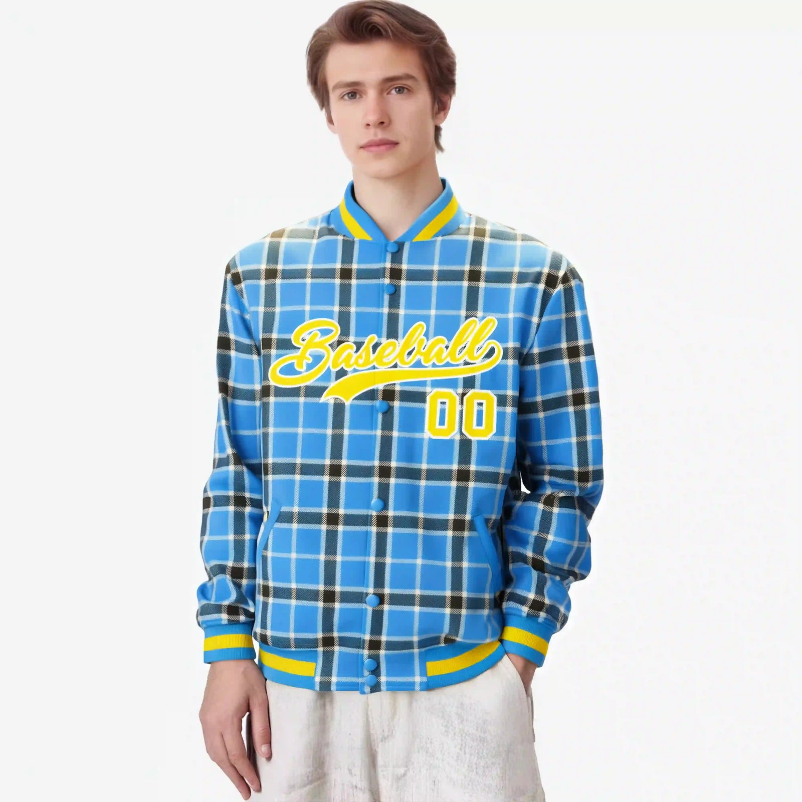 Custom Powder Blue-Dark Gray Varsity Full-Snap Plaid Pattern Letterman Baseball Jacket