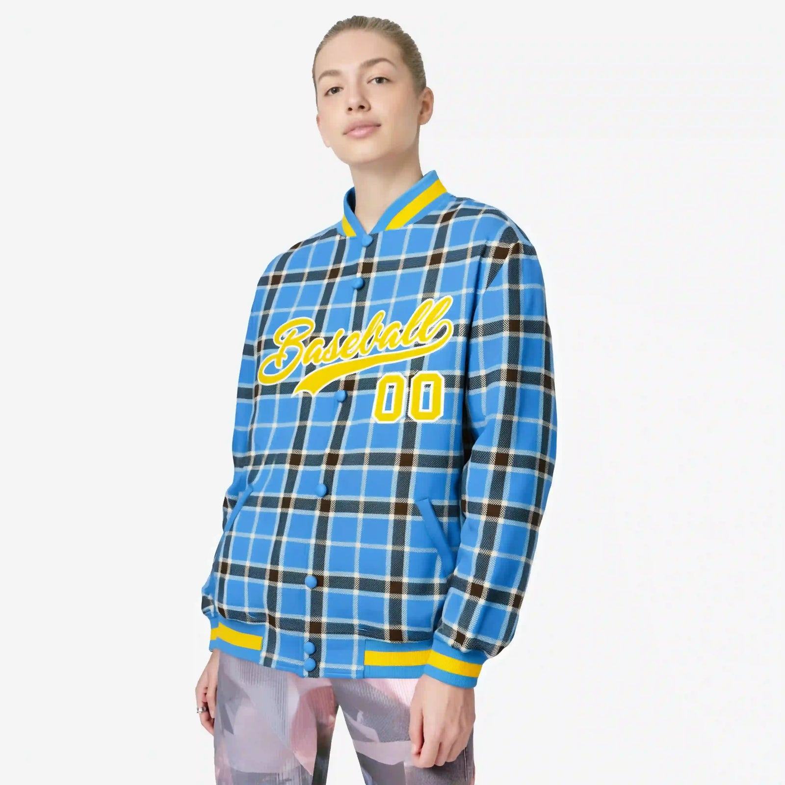 Custom Powder Blue-Dark Gray Varsity Full-Snap Plaid Pattern Letterman Baseball Jacket