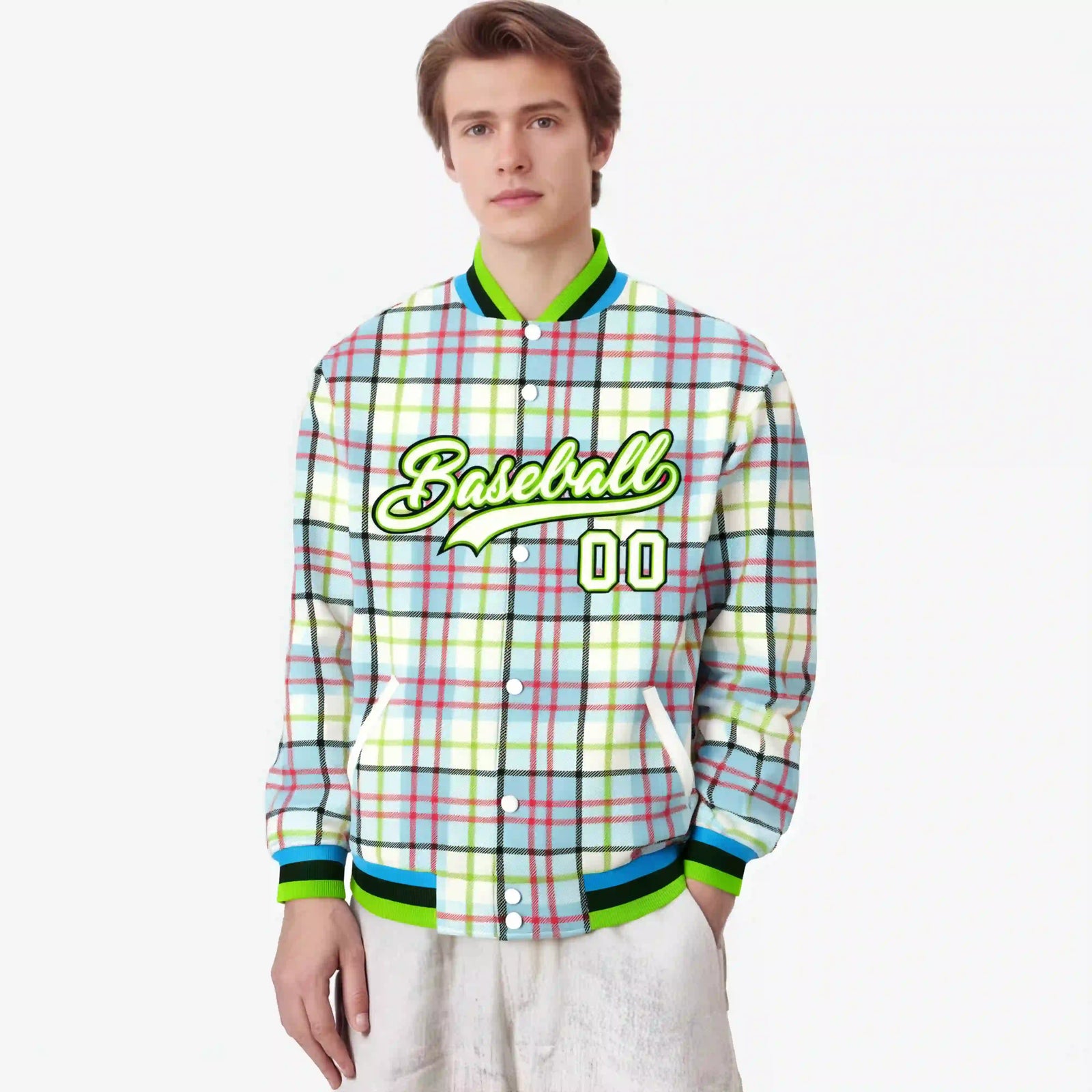 Custom Cream Neon Green-Red Varsity Full-Snap Plaid Pattern Letterman Baseball Jacket