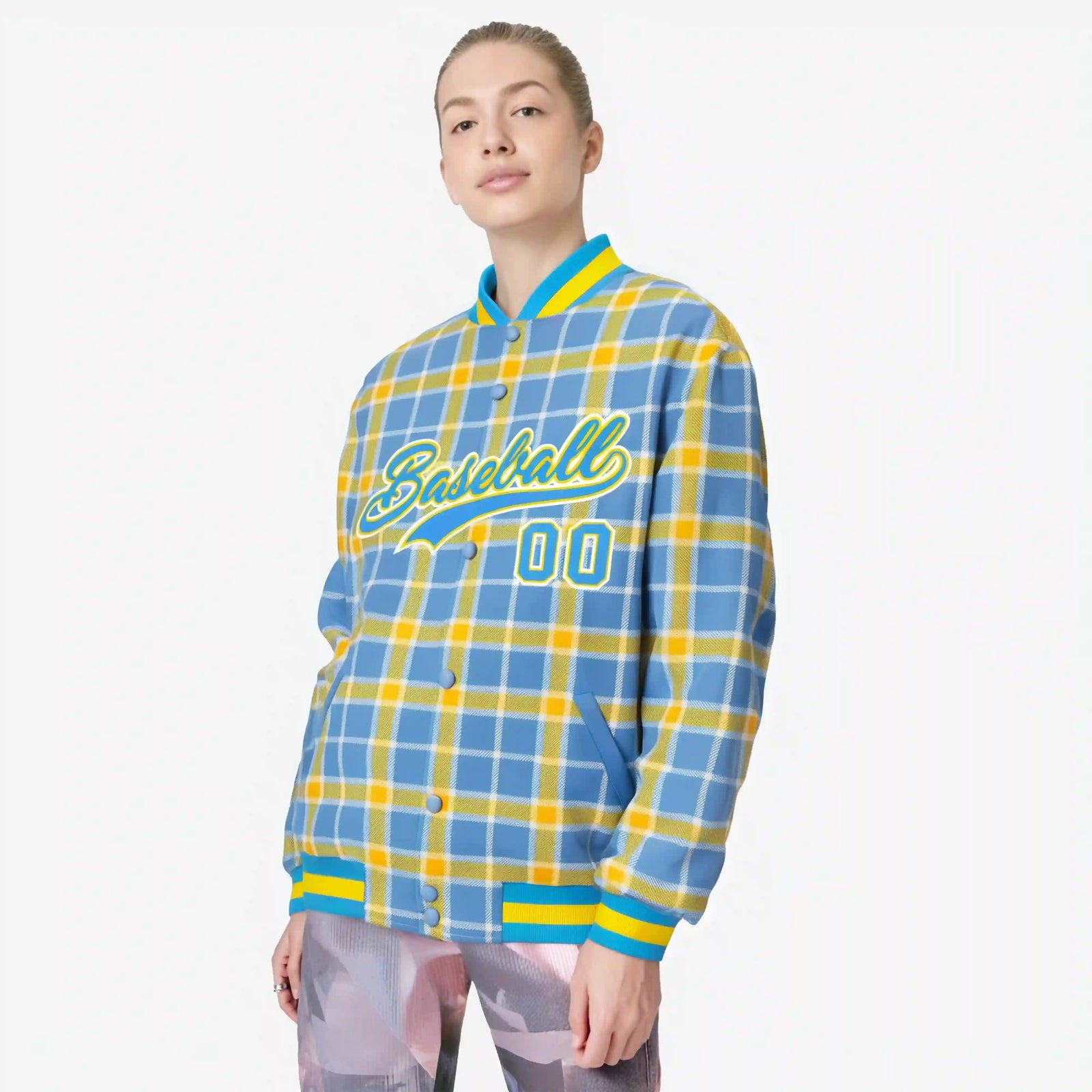 Custom Light Brown-Gold Varsity Full-Snap Plaid Pattern Letterman Baseball Jacket