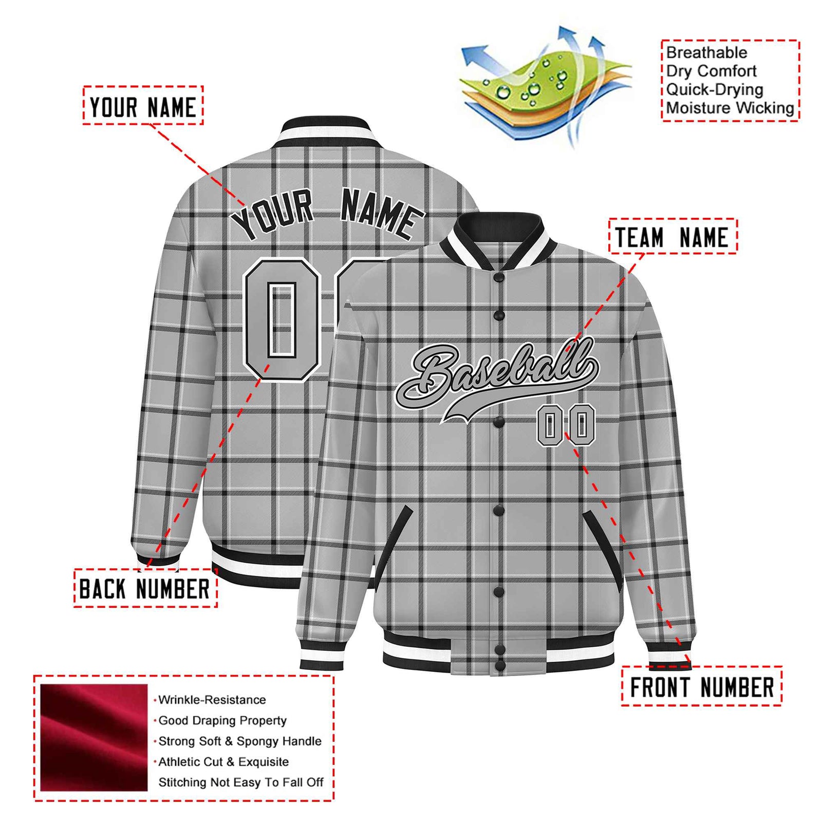 Custom Gray-Dark Gray Varsity Full-Snap Plaid Pattern Letterman Baseball Jacket