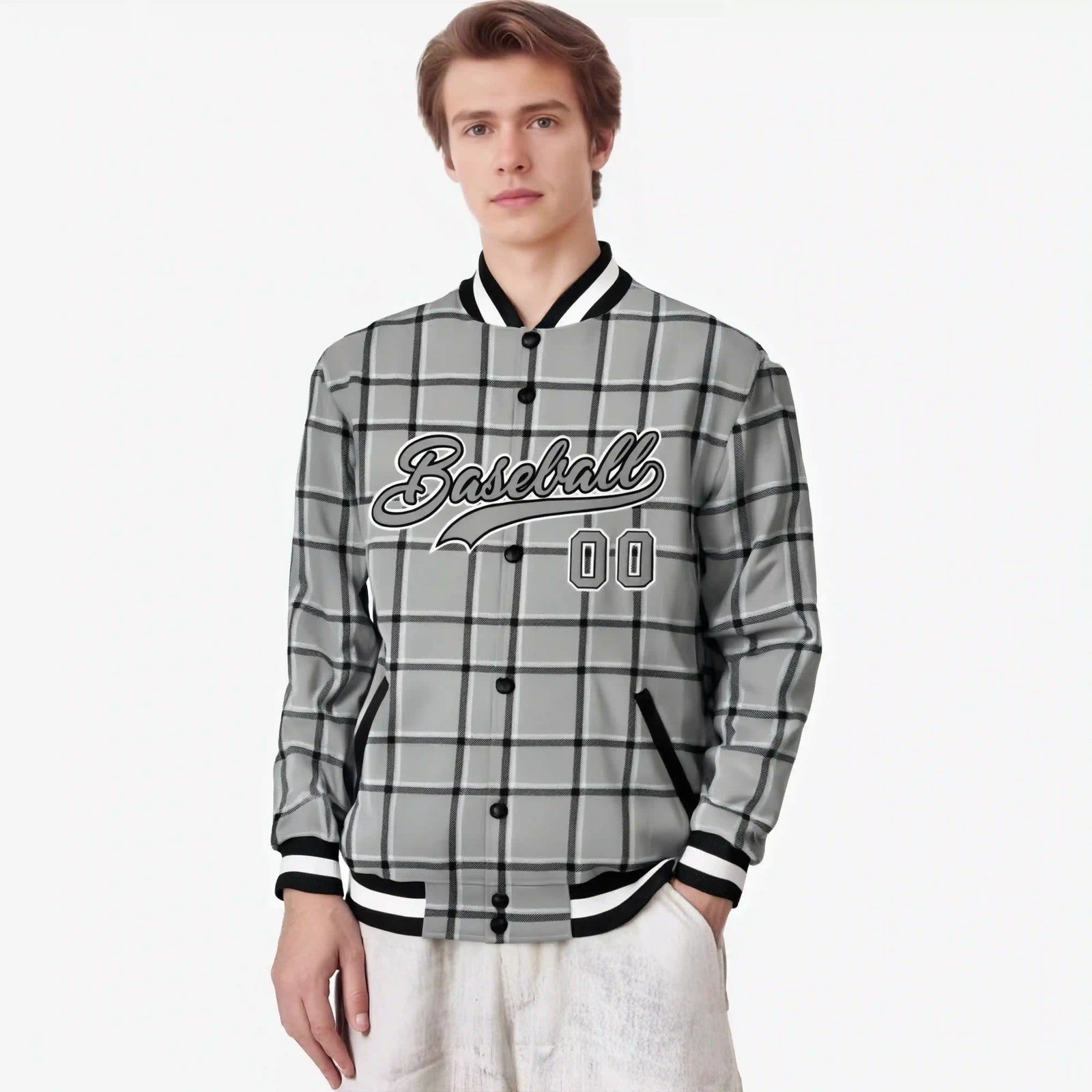 Custom Gray-Dark Gray Varsity Full-Snap Plaid Pattern Letterman Baseball Jacket