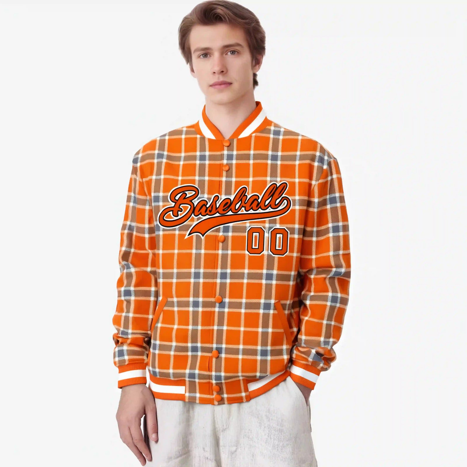 Custom Orange-Light Brown Varsity Full-Snap Plaid Pattern Letterman Baseball Jacket