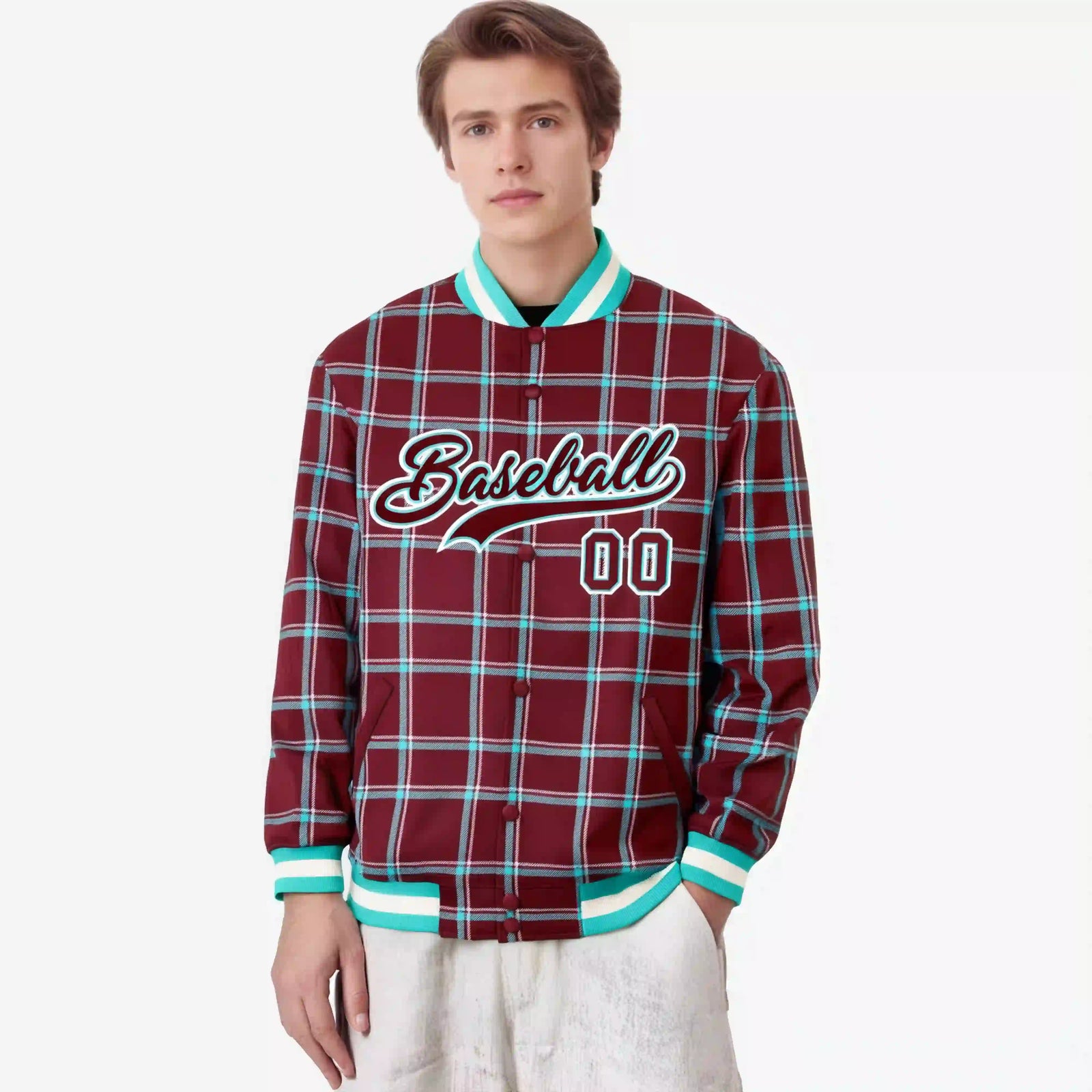 Custom Crimson-Aqua Varsity Full-Snap Plaid Pattern Letterman Baseball Jacket