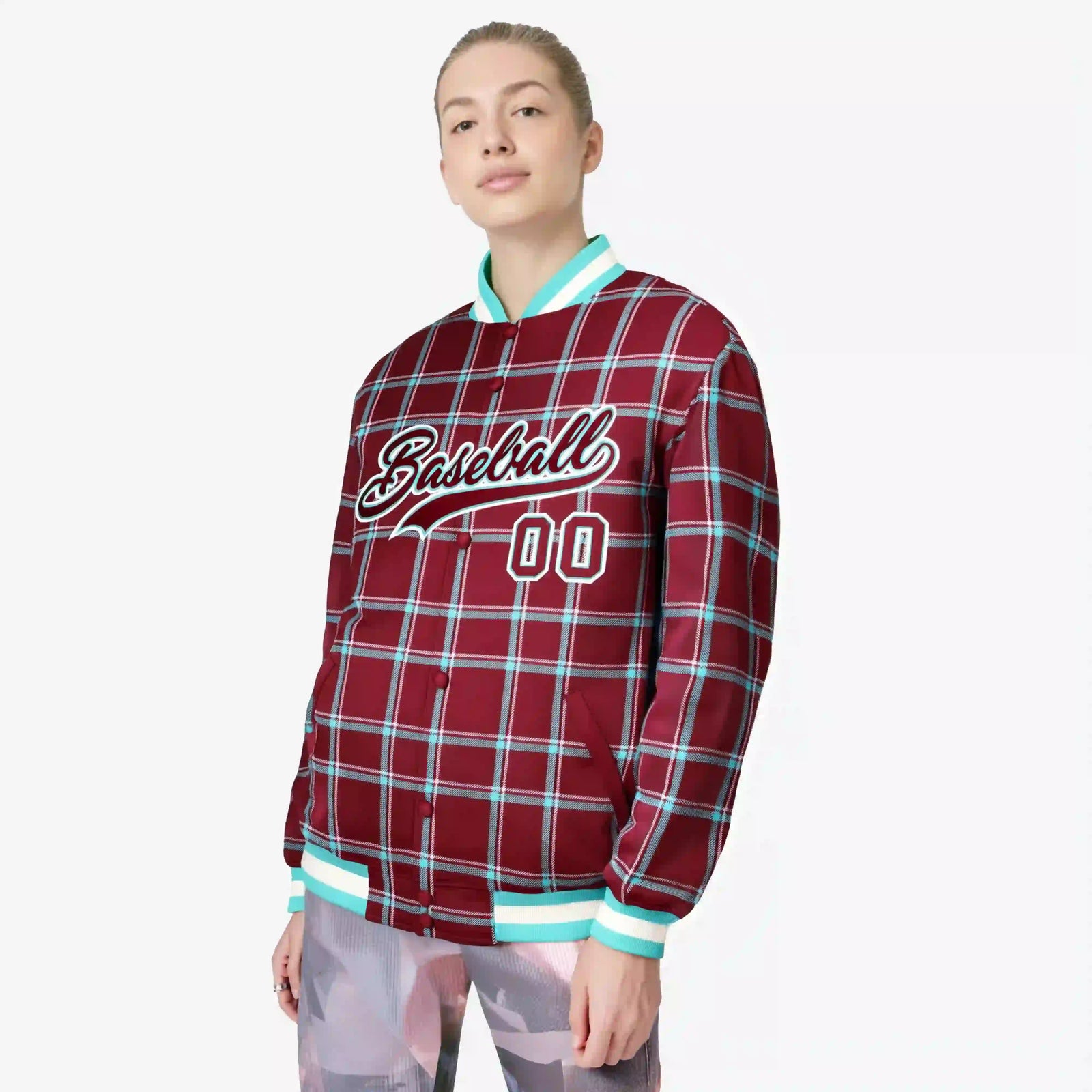 Custom Crimson-Aqua Varsity Full-Snap Plaid Pattern Letterman Baseball Jacket