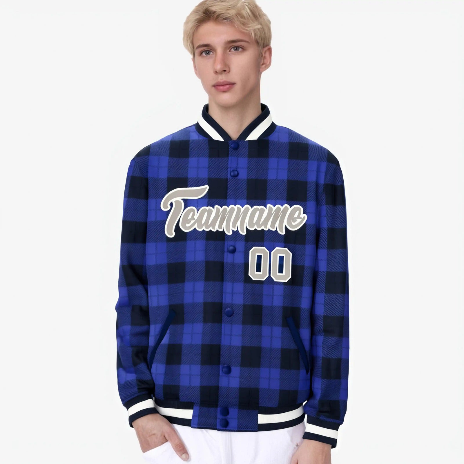 Custom Royal Blue-Black Varsity Full-Snap Plaid Pattern Letterman Baseball Jacket