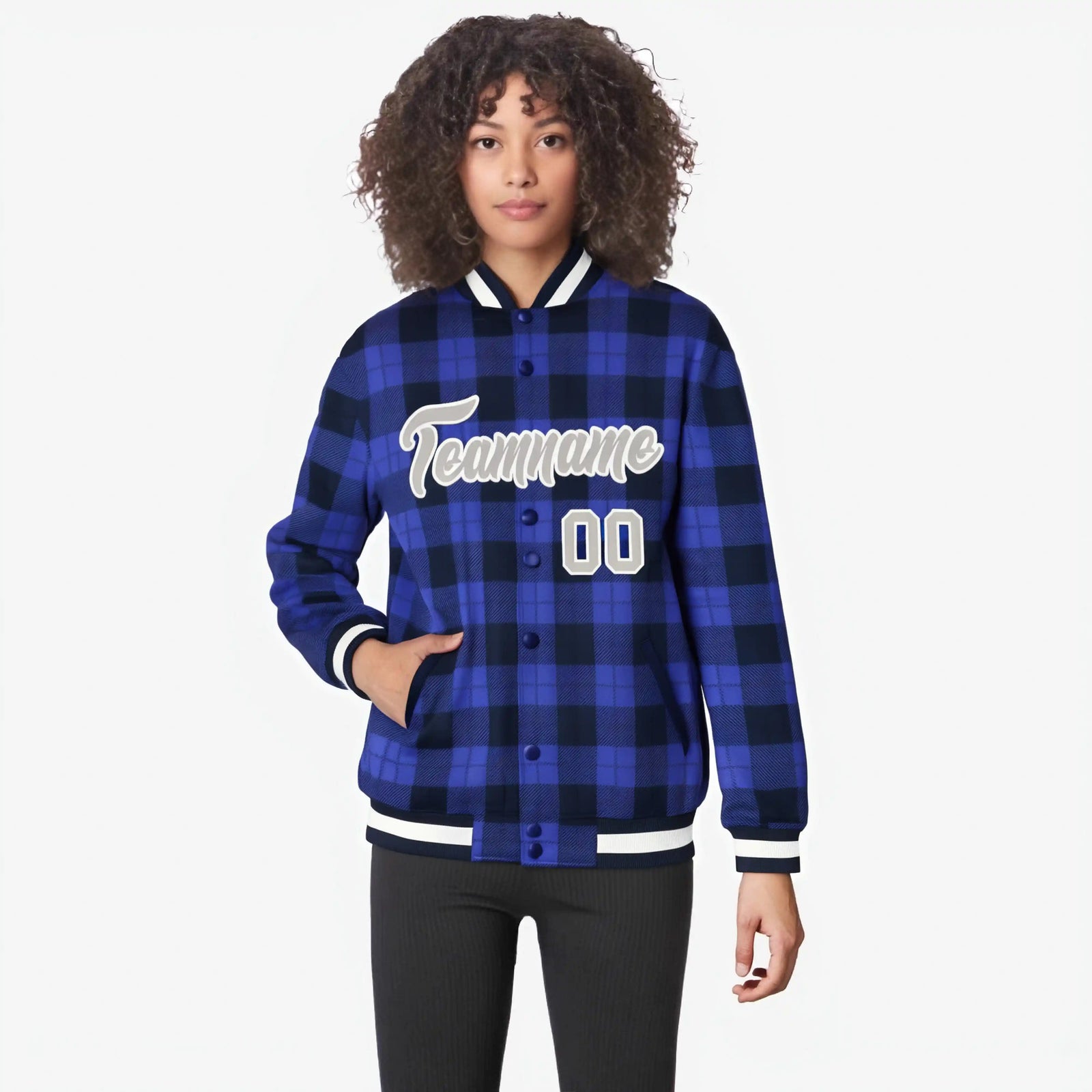 Custom Royal Blue-Black Varsity Full-Snap Plaid Pattern Letterman Baseball Jacket