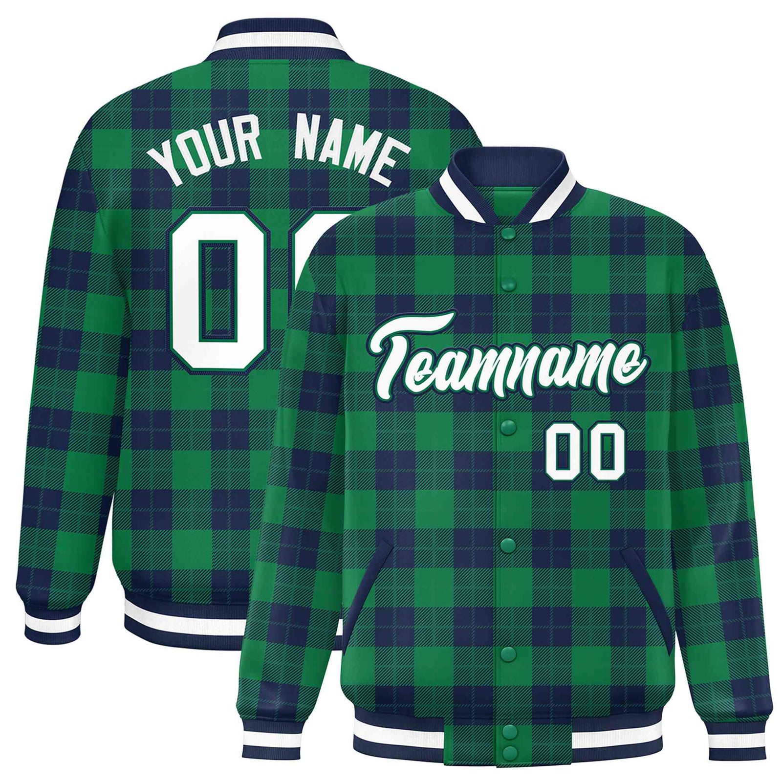 Custom Kelly Green-Navy Varsity Full-Snap Plaid Pattern Letterman Baseball Jacket