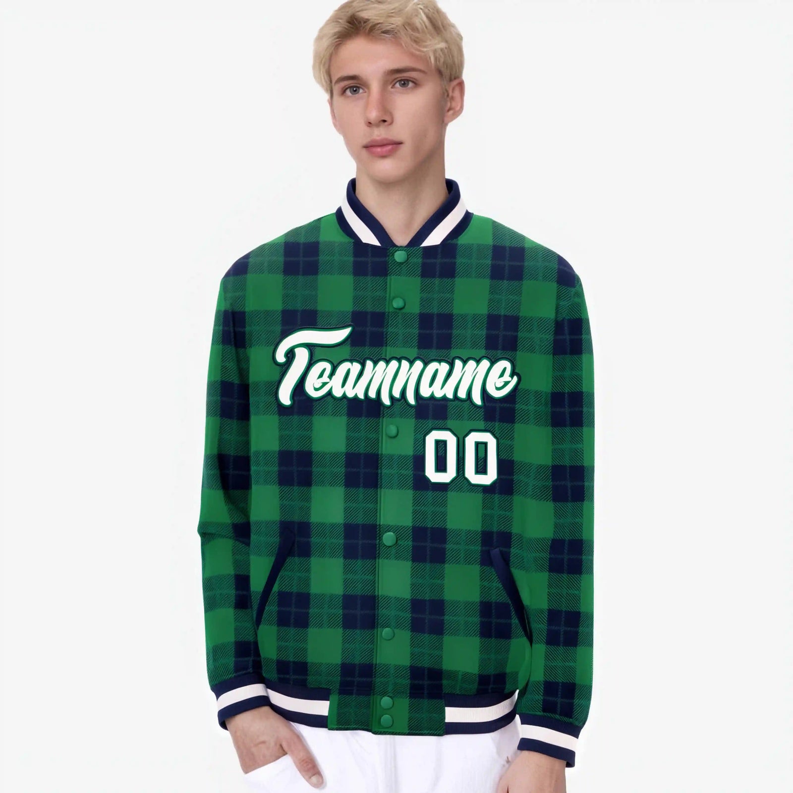 Custom Kelly Green-Navy Varsity Full-Snap Plaid Pattern Letterman Baseball Jacket