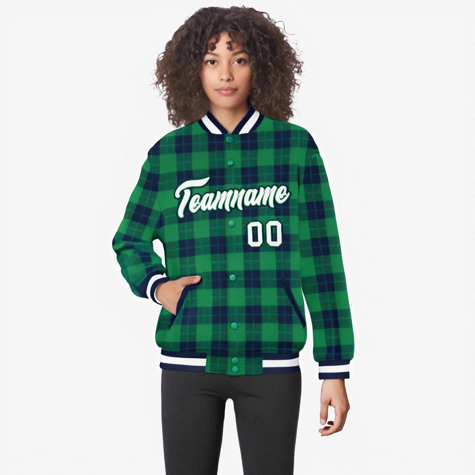 Custom Kelly Green-Navy Varsity Full-Snap Plaid Pattern Letterman Baseball Jacket