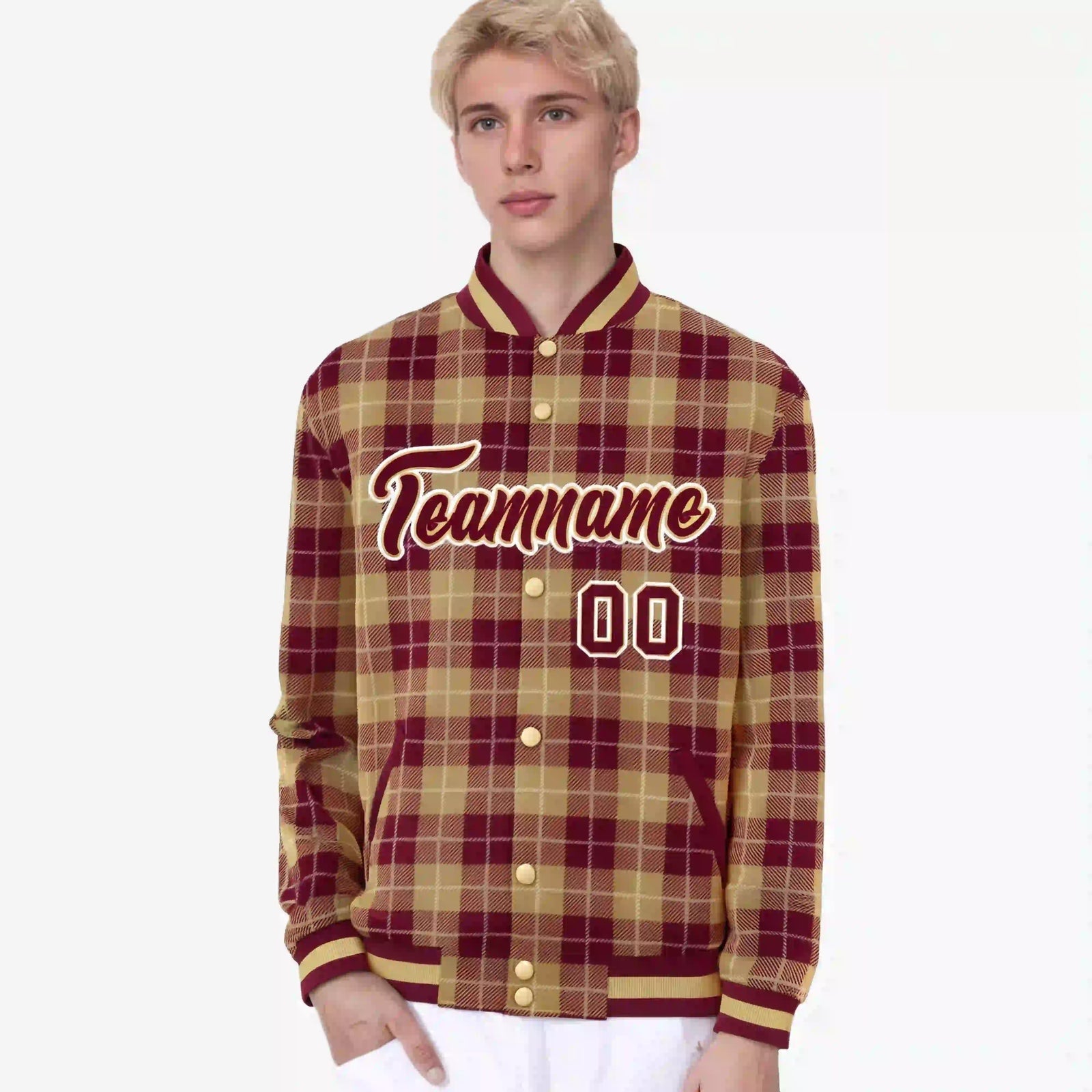 Custom Red-Gold Varsity Full-Snap Plaid Pattern Letterman Baseball Jacket