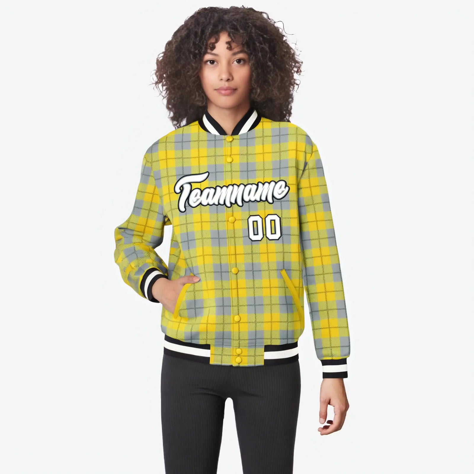 Custom Gold-Gray Varsity Full-Snap Plaid Pattern Letterman Baseball Jacket