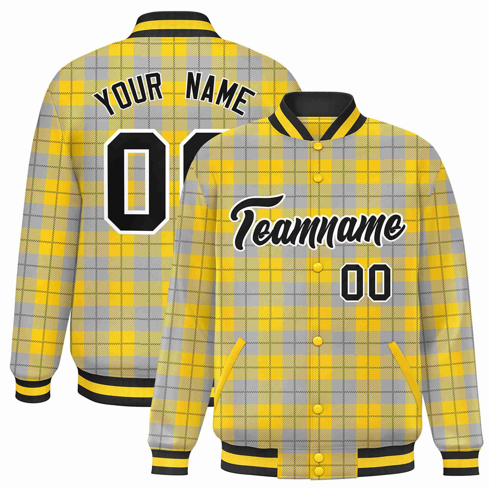 Custom Gold-Gray Varsity Full-Snap Plaid Pattern Letterman Baseball Jacket