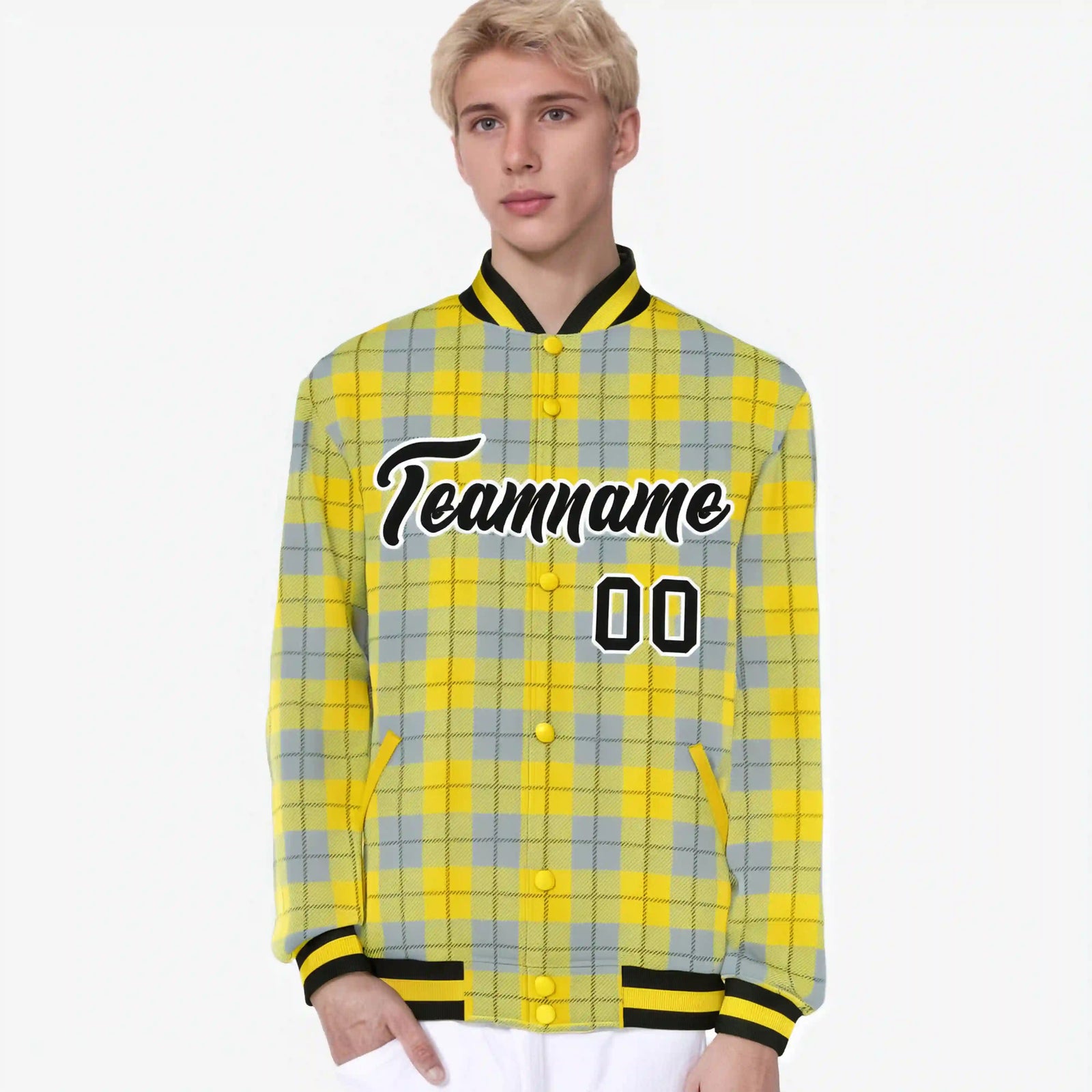 Custom Gold-Gray Varsity Full-Snap Plaid Pattern Letterman Baseball Jacket