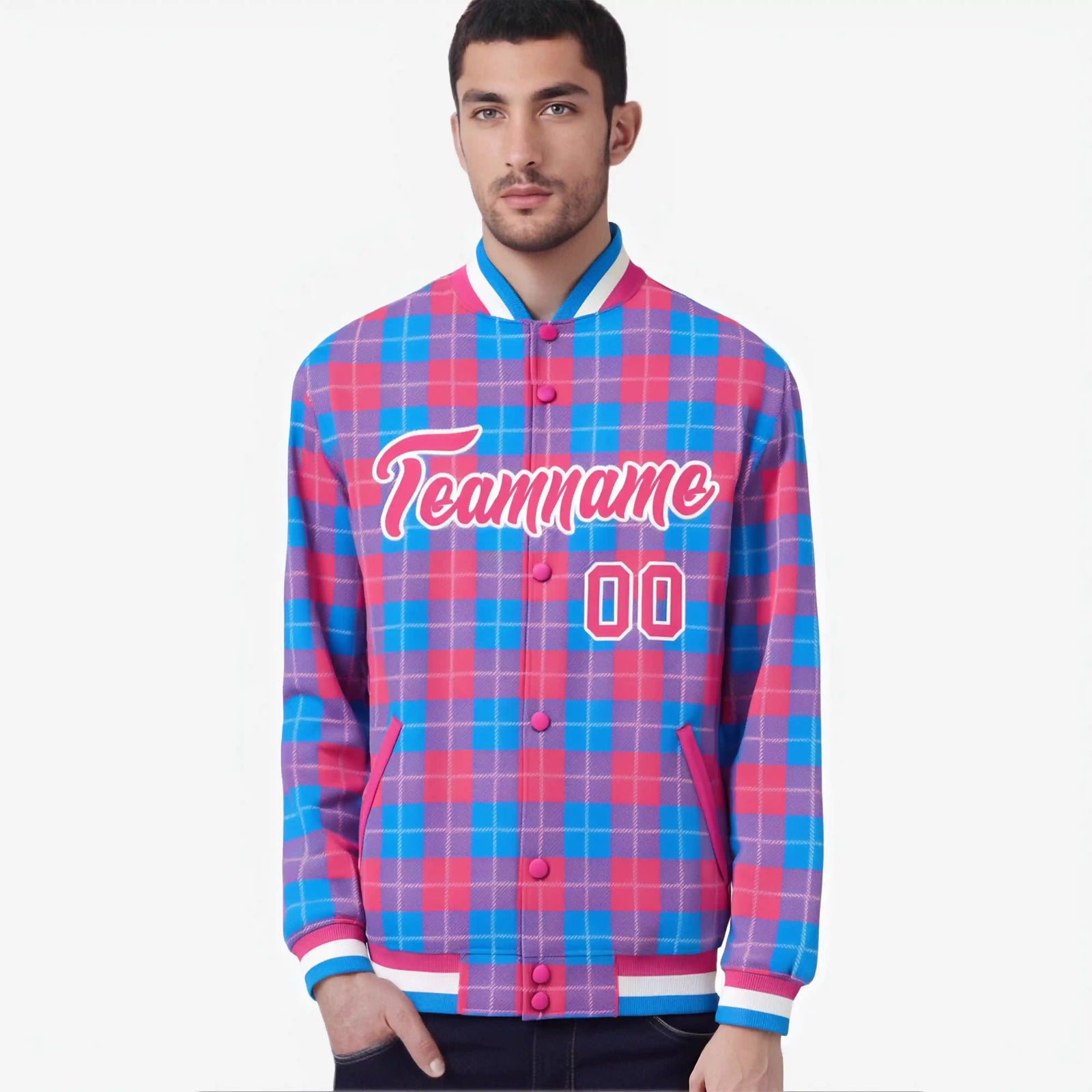 Custom Powder Blue-Pink Varsity Full-Snap Plaid Pattern Letterman Baseball Jacket
